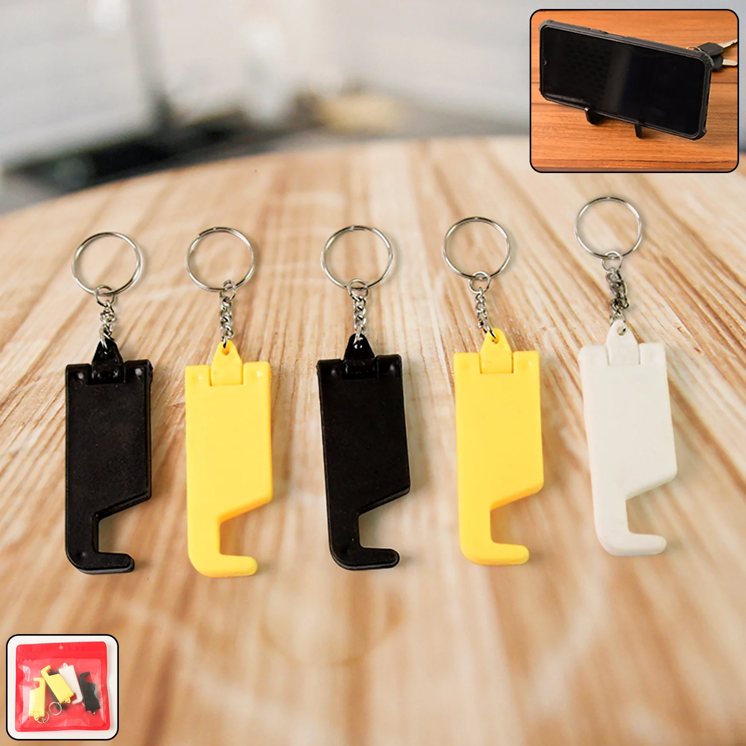 2 in 1 Plastic Keychain with Mobile Stand / Phone Holder (5 Pcs Set / Multicolor) - Image 3