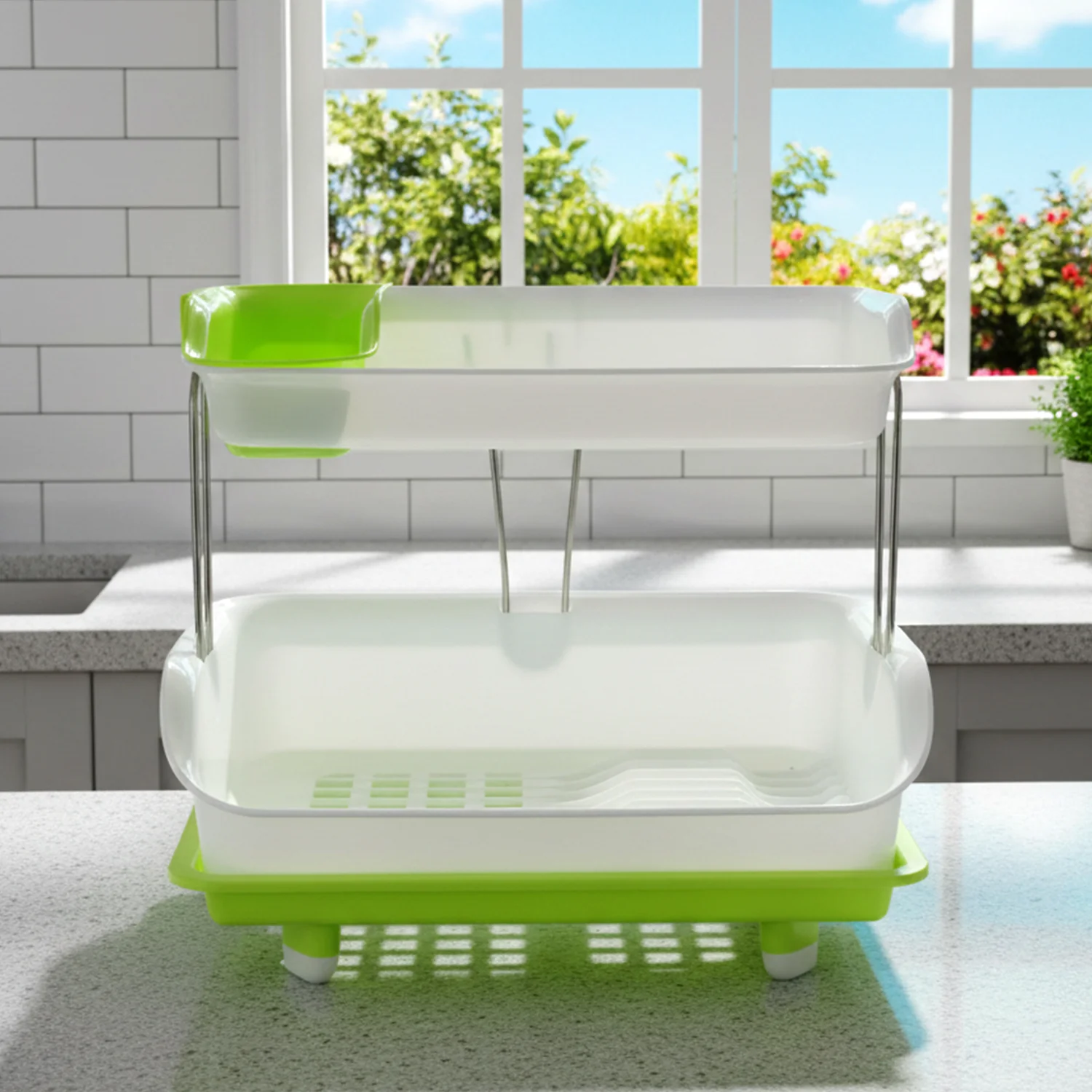 Prexo 2 Layer Kitchen Dish Drying Rack with Drain Tray (1 Set) - Image 7