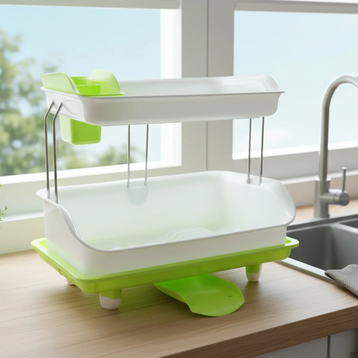 Prexo 2 Layer Kitchen Dish Drying Rack with Drain Tray (1 Set) - Image 8