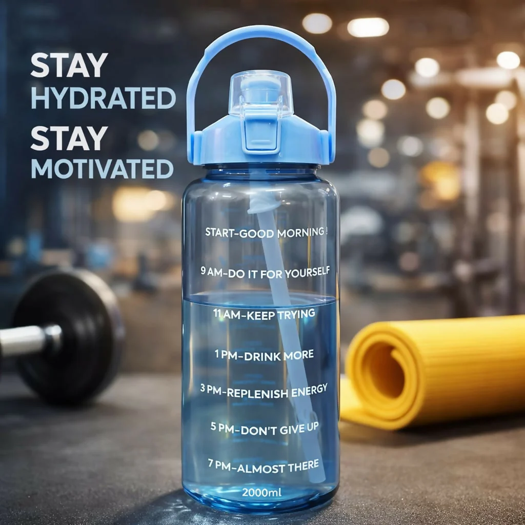 2-Litre Motivational Water Bottle with Time Marker & Straw | 2000ml Large Capacity BPA-Free Sports Bottle | Leak-Proof Gym Bottle for Fitness, Workout & Outdoor Activities - Image 2