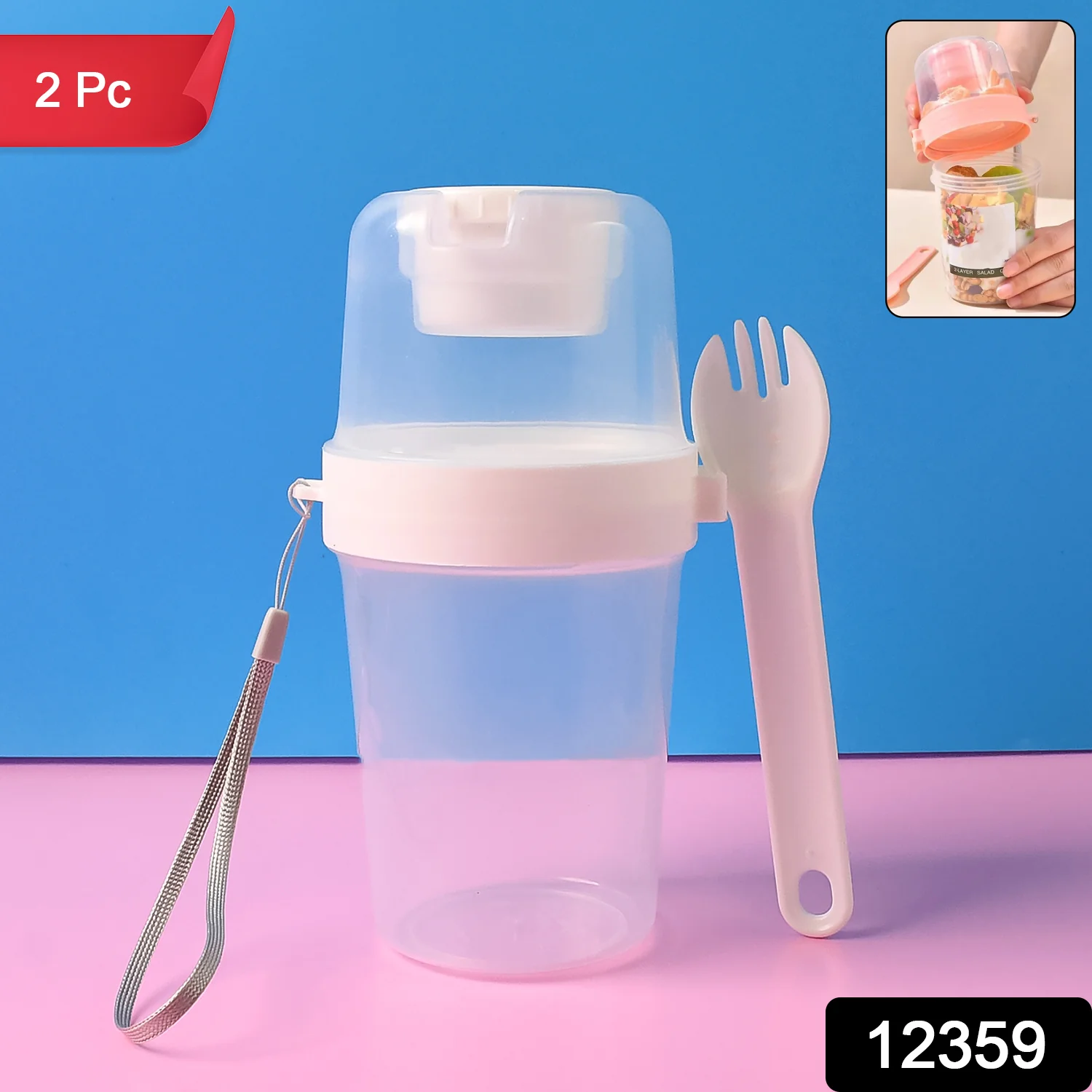 2-Piece Salad Cup Lunch Container with Dressing Storage and Reusable Fork - Image 2
