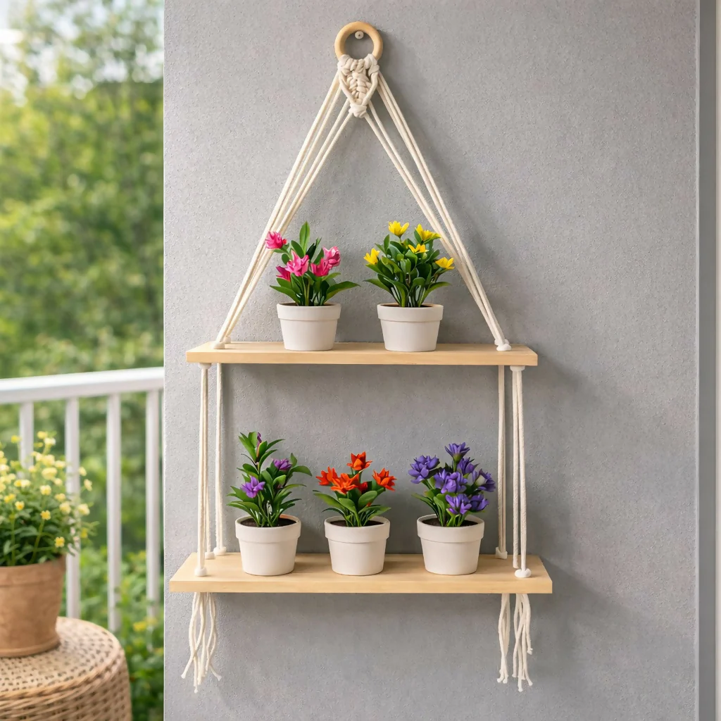 2 Tier Wooden Hanging Shelf with Rope Wall Decor Plant Display Rack - Image 2
