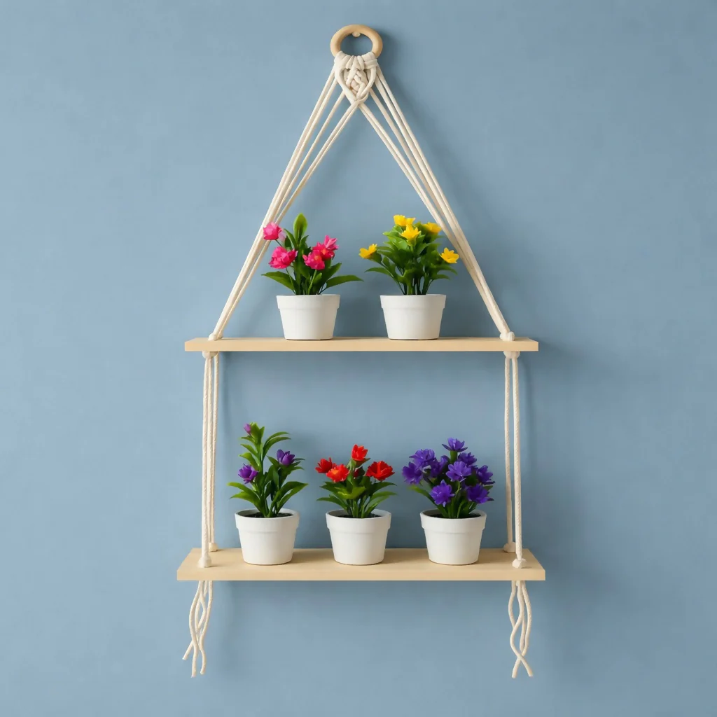 2 Tier Wooden Hanging Shelf with Rope Wall Decor Plant Display Rack - Image 3