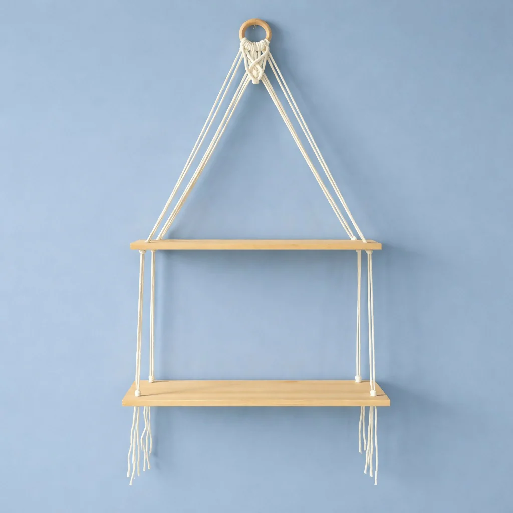 2 Tier Wooden Hanging Shelf with Rope Wall Decor Plant Display Rack - Image 4