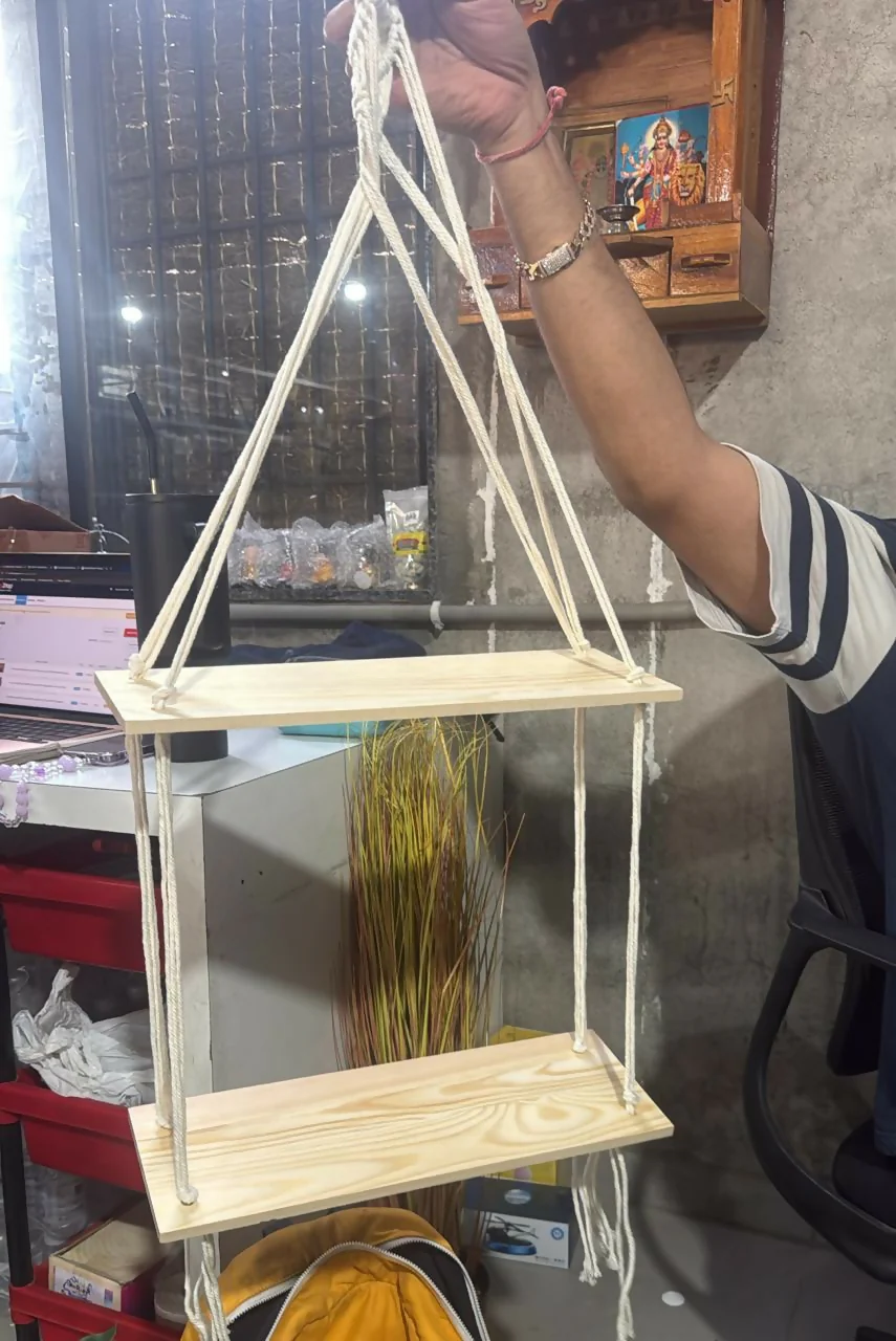2 Tier Wooden Hanging Shelf with Rope Wall Decor Plant Display Rack - Image 5