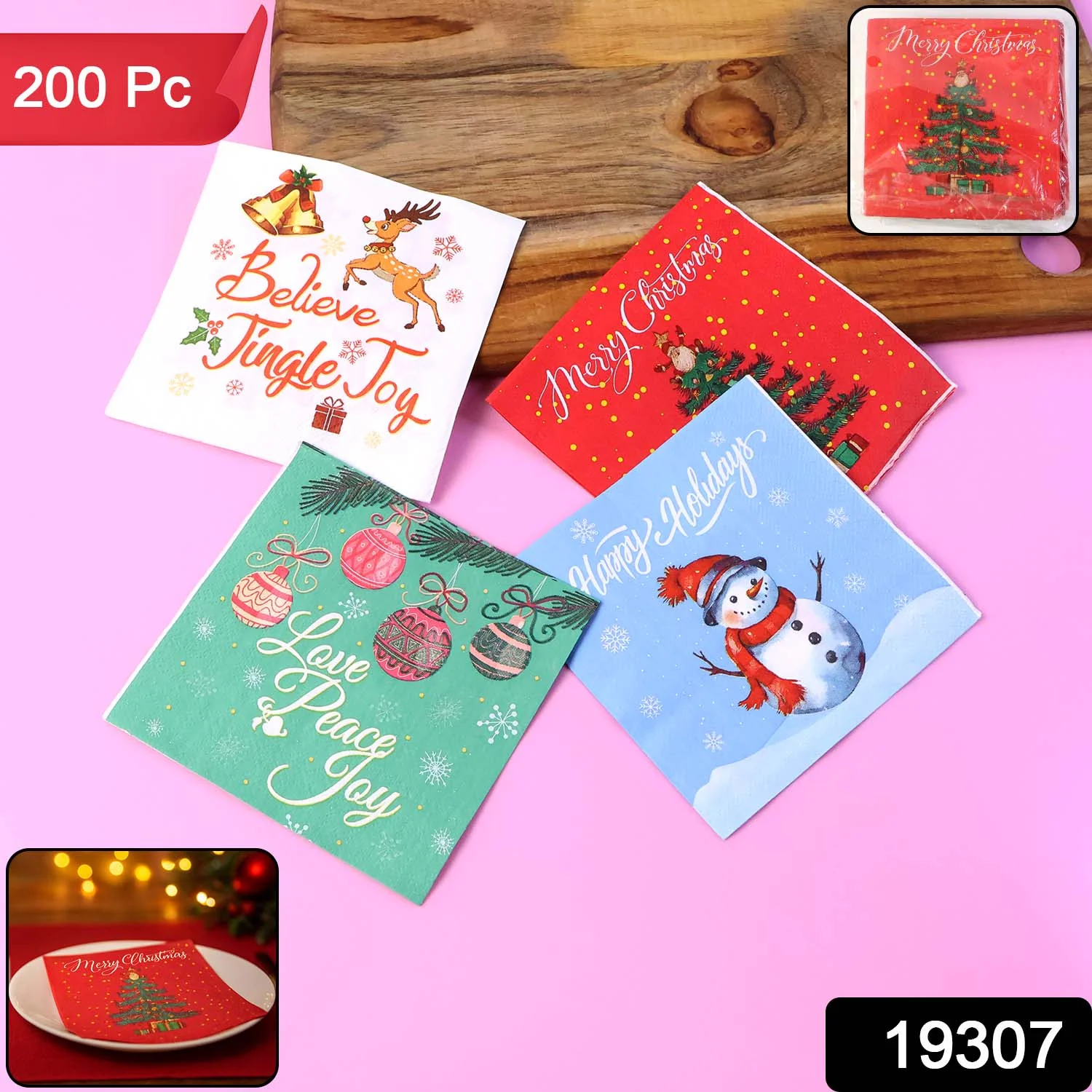 200 Pc Premium Festive Design Paper Napkins 10x10 Inch (26x26 cm) - Image 2