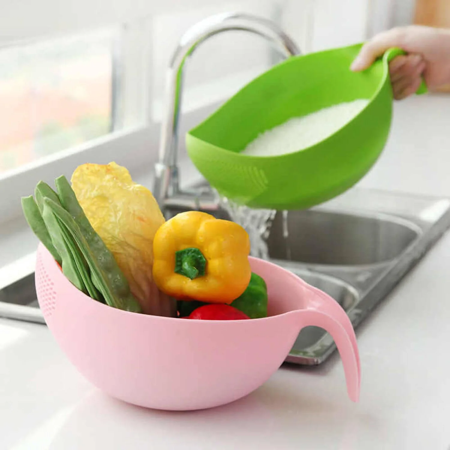 Plastic Rice Bowl & Food Strainer with Thick Handle - Image 3