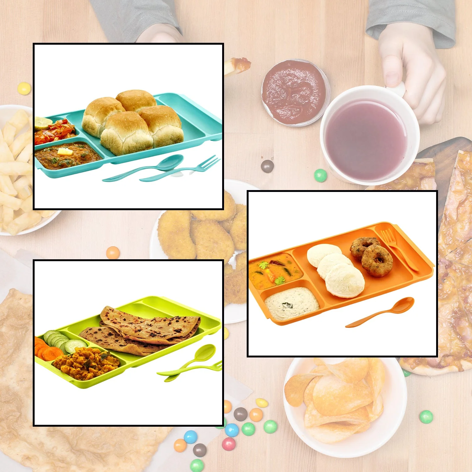 4-Compartment Plastic Dish Set with Spoon & Fork – Versatile Dinner & Pav Bhaji Plate - Image 3