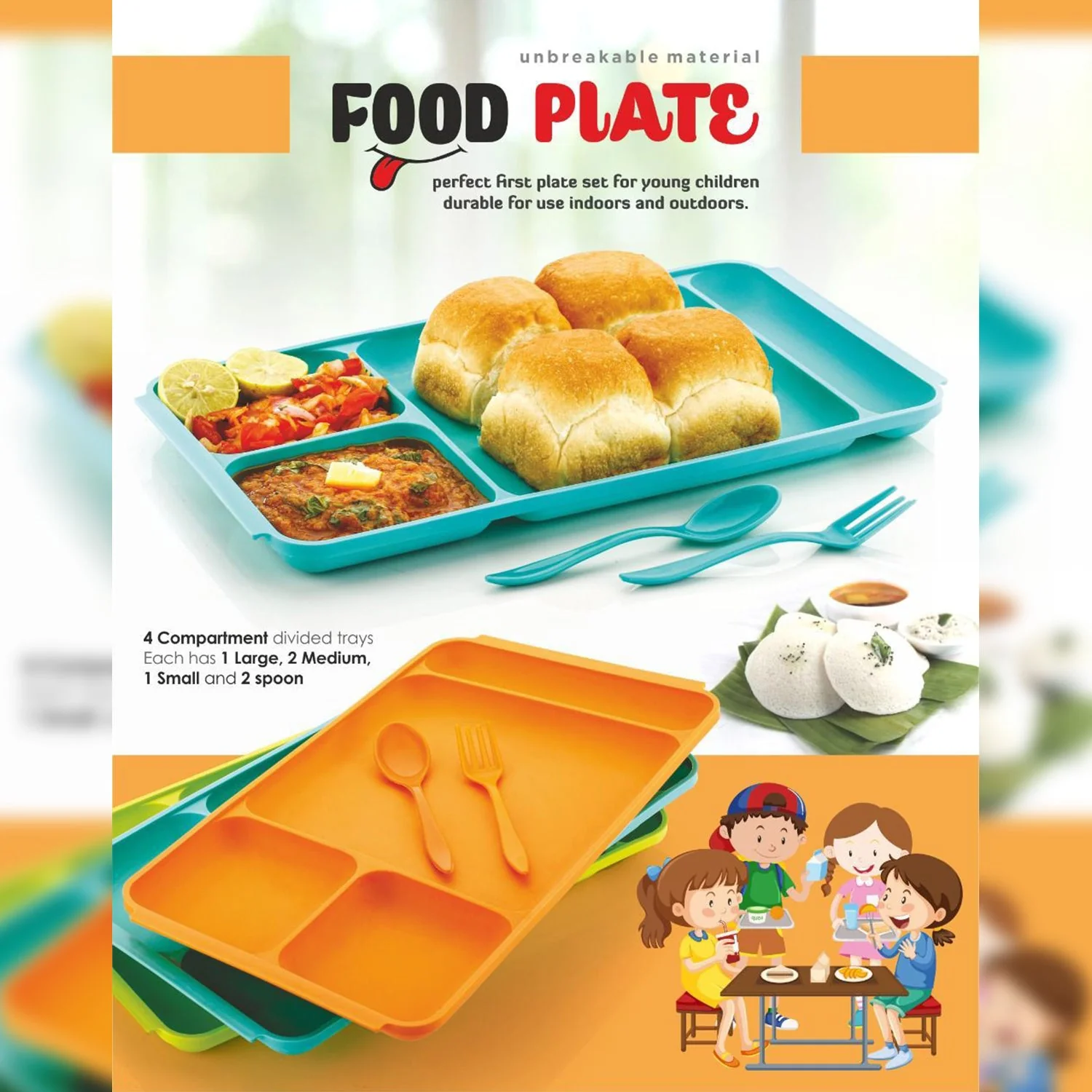 4-Compartment Plastic Dish Set with Spoon & Fork – Versatile Dinner & Pav Bhaji Plate - Image 4