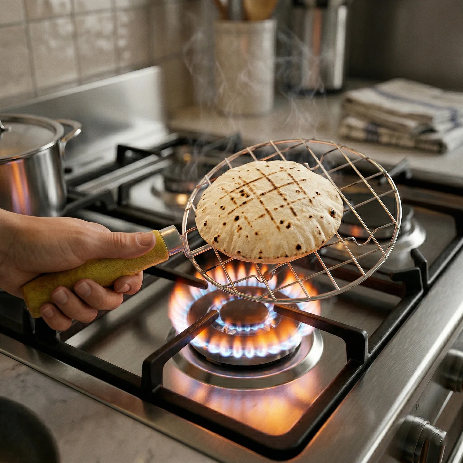 Kitchen Round Stainless Steel Roaster Papad Jali, Barbecue Grill with Wooden Handle - Image 3