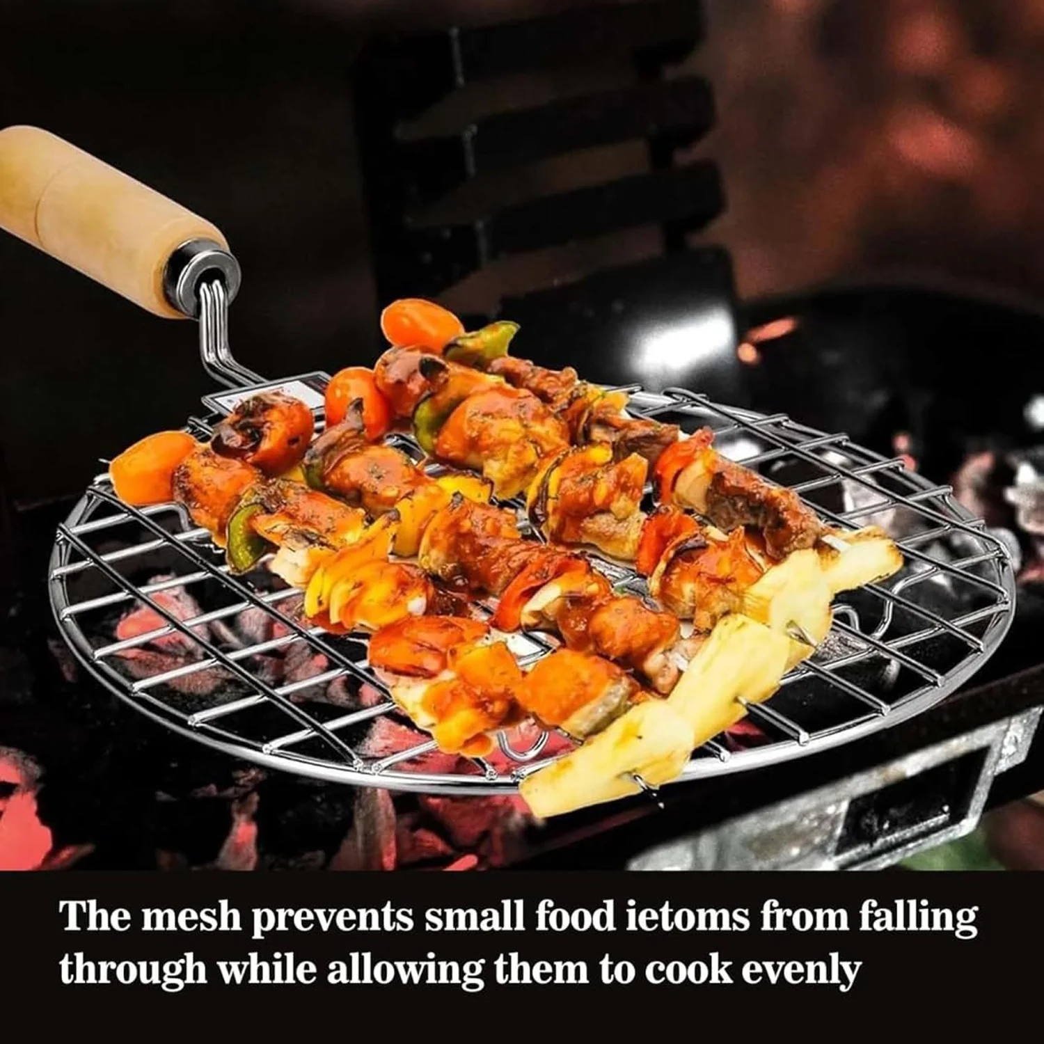 Kitchen Round Stainless Steel Roaster Papad Jali, Barbecue Grill with Wooden Handle - Image 5