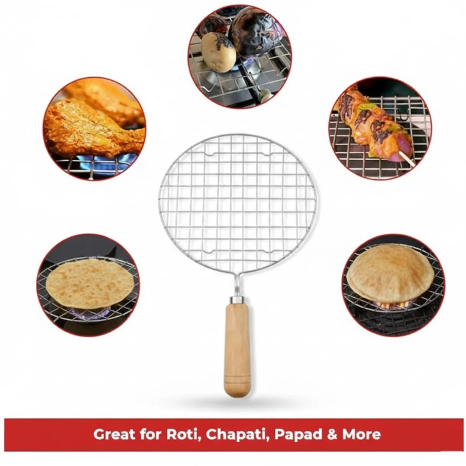 Kitchen Round Stainless Steel Roaster Papad Jali, Barbecue Grill with Wooden Handle - Image 7