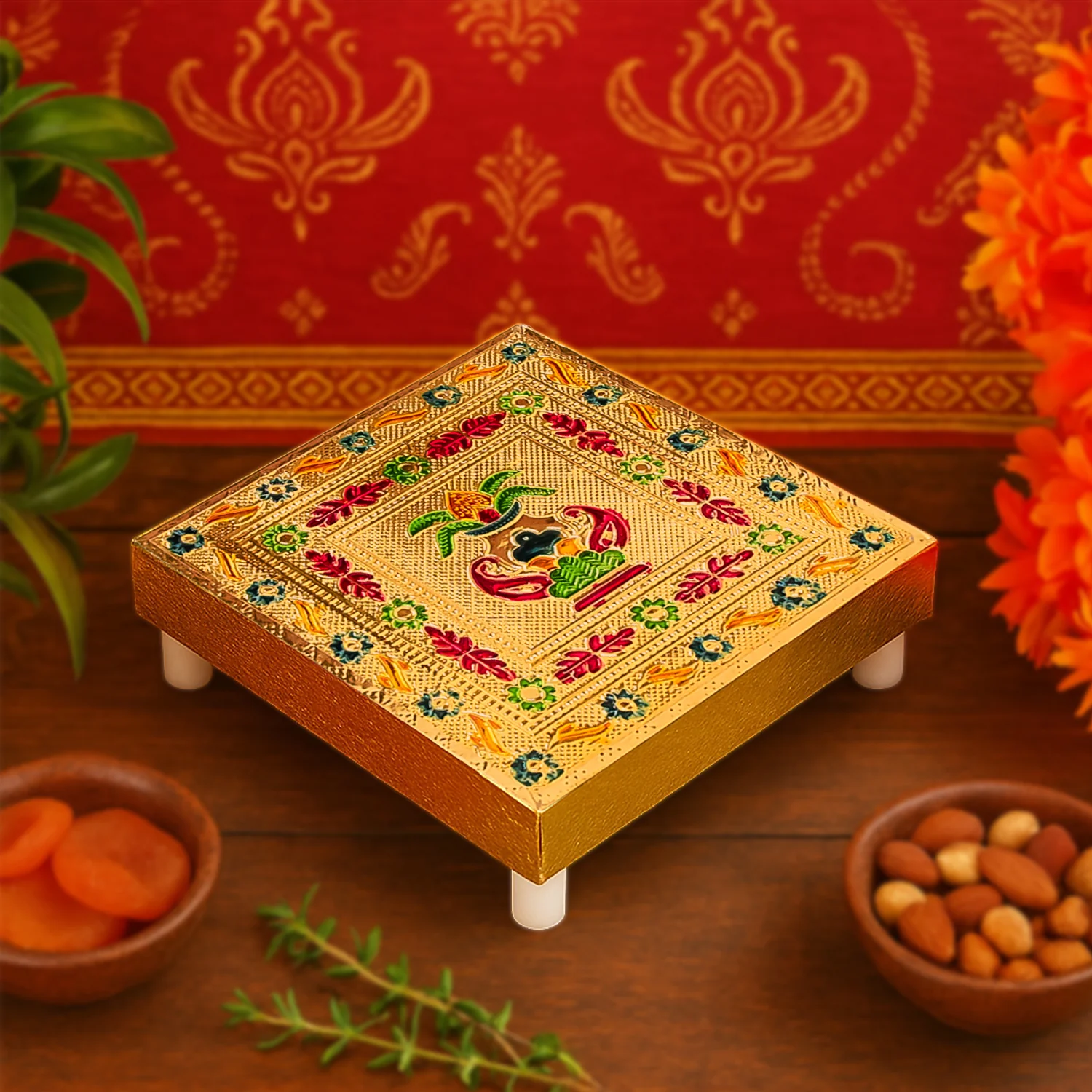 Handicraft Wood Chowki for Pooja , Wooden Bajot (1 Pc / Mix Descign & Color) - Image 10