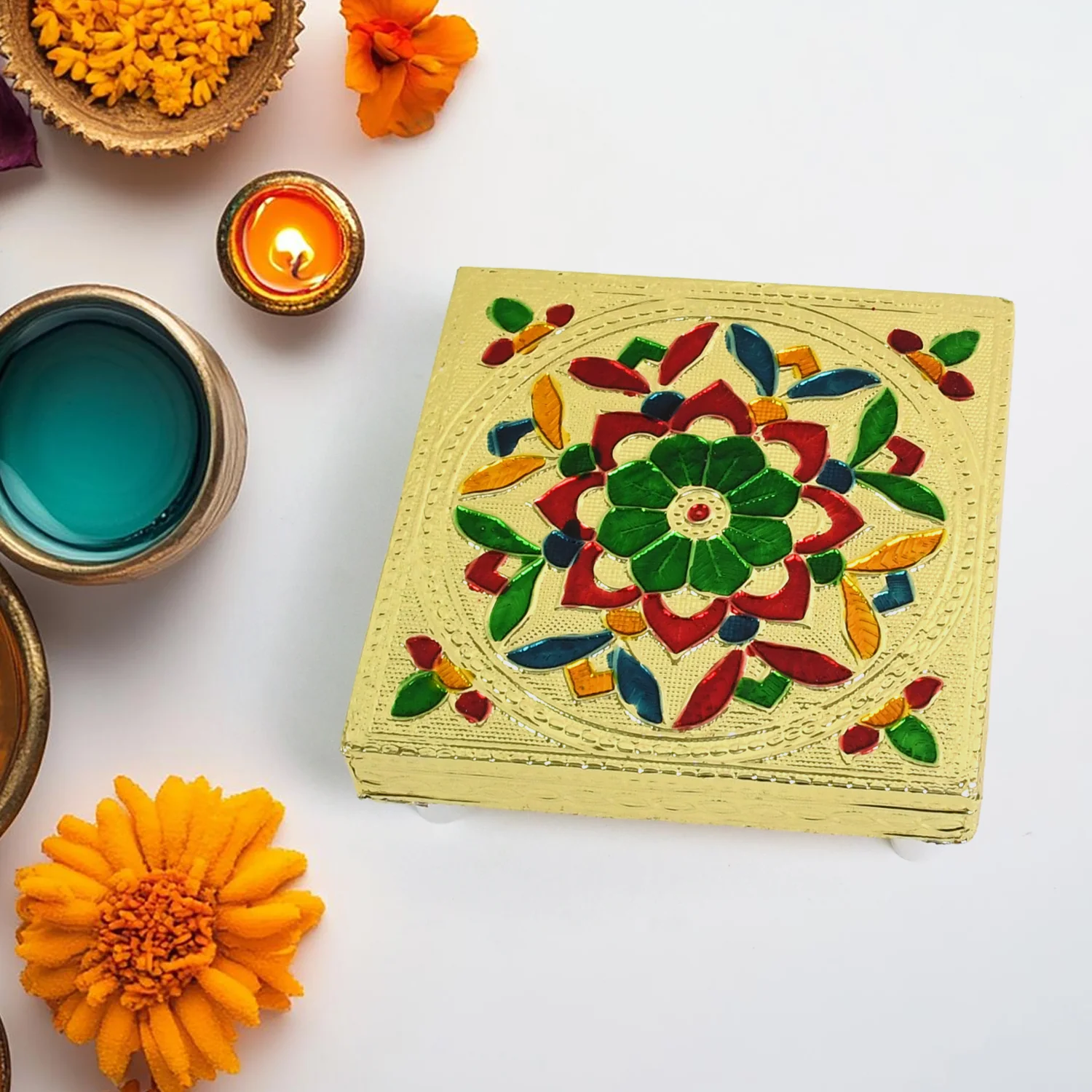 Handicraft Wood Chowki for Pooja , Wooden Bajot (1 Pc / Mix Descign & Color) - Image 4