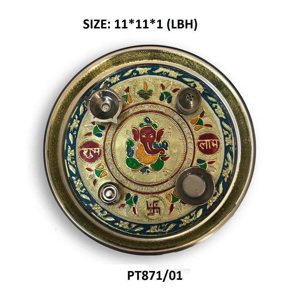 Stainless Steel Pooja Thali with Golden Chain, Diamond, Pearl & Fancy Stones - Image 3