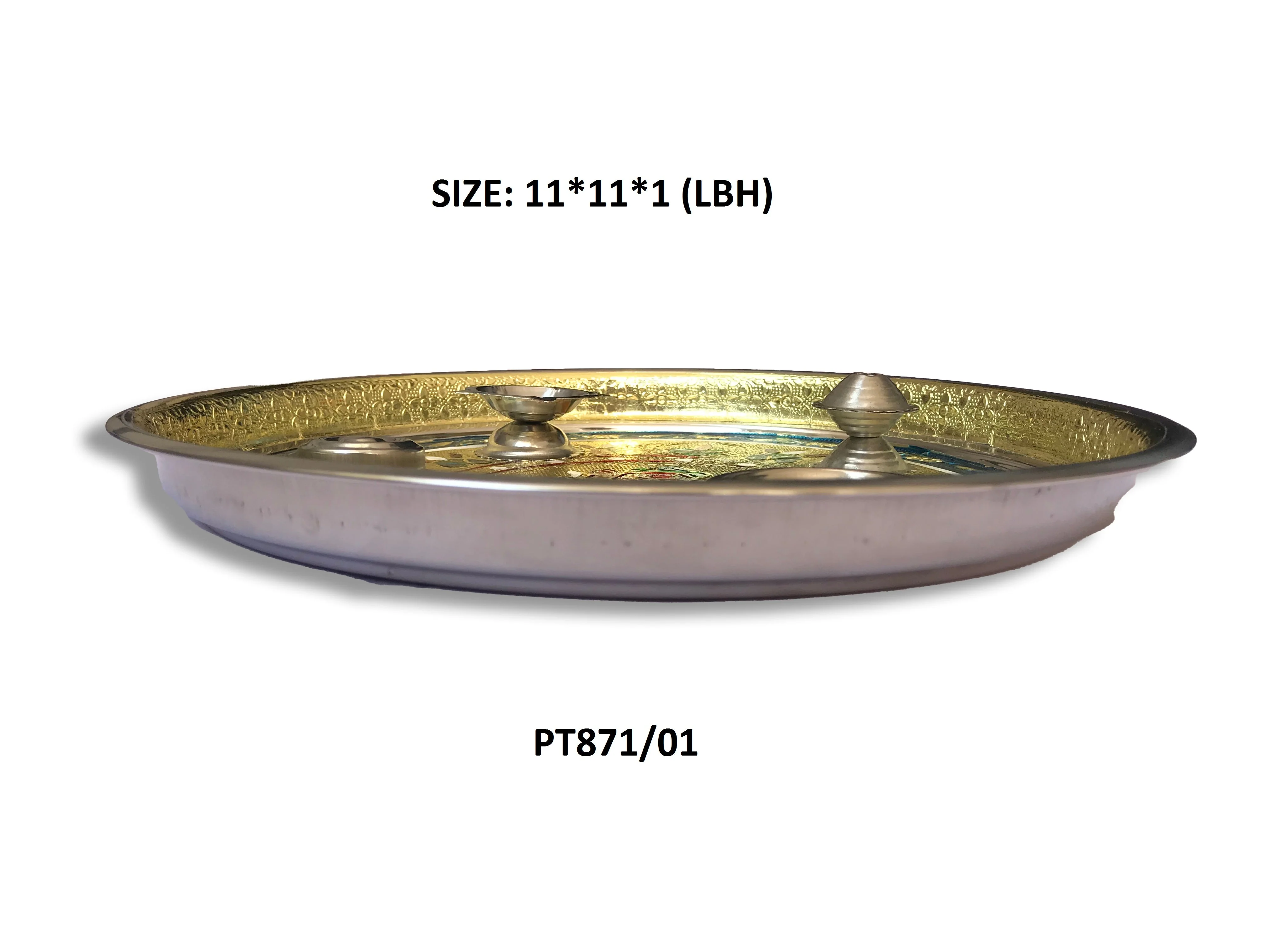 Stainless Steel Pooja Thali with Golden Chain, Diamond, Pearl & Fancy Stones - Image 4
