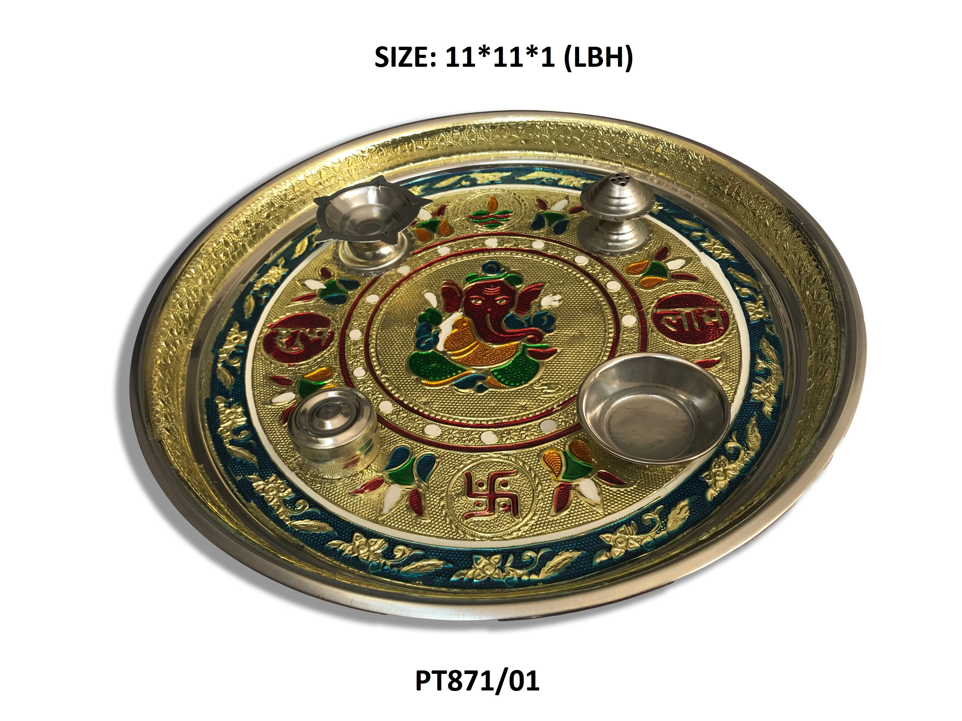 Stainless Steel Pooja Thali with Golden Chain, Diamond, Pearl & Fancy Stones - Image 5