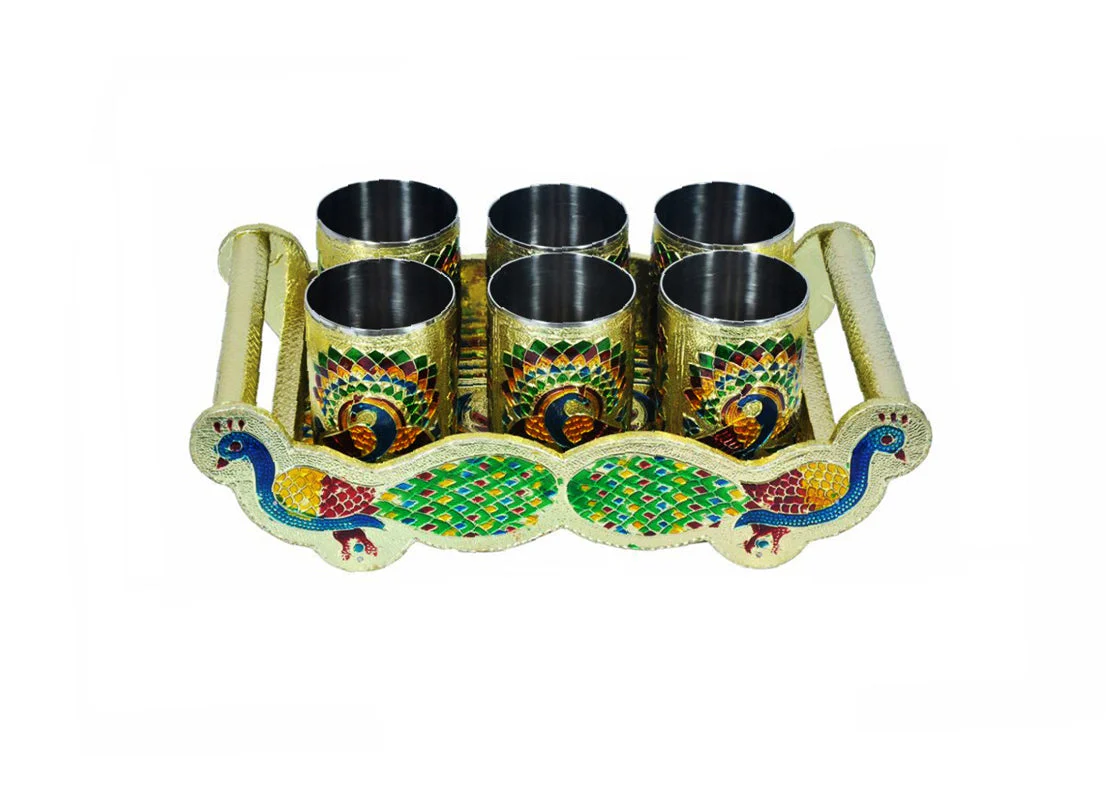Peacock Design Glass with Handle and Handicraft Serving Tray Set - Image 2