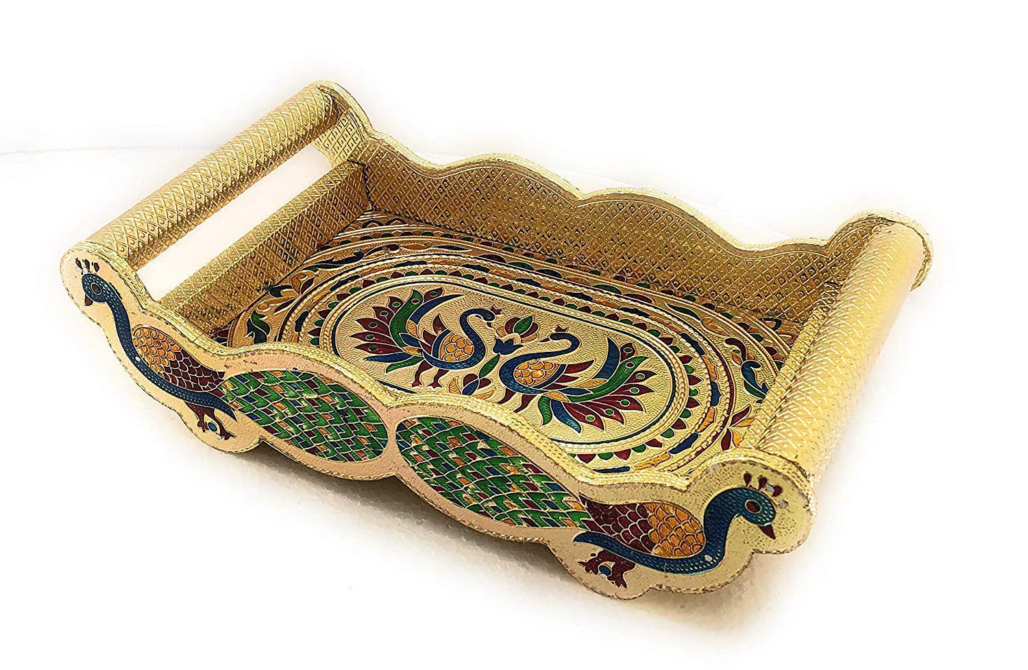 Peacock Design Glass with Handle and Handicraft Serving Tray Set - Image 3