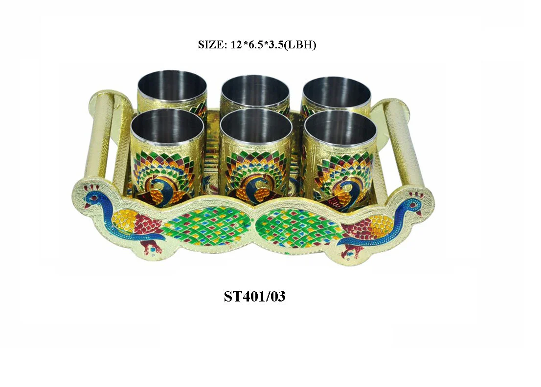 Peacock Design Glass with Handle and Handicraft Serving Tray Set - Image 4