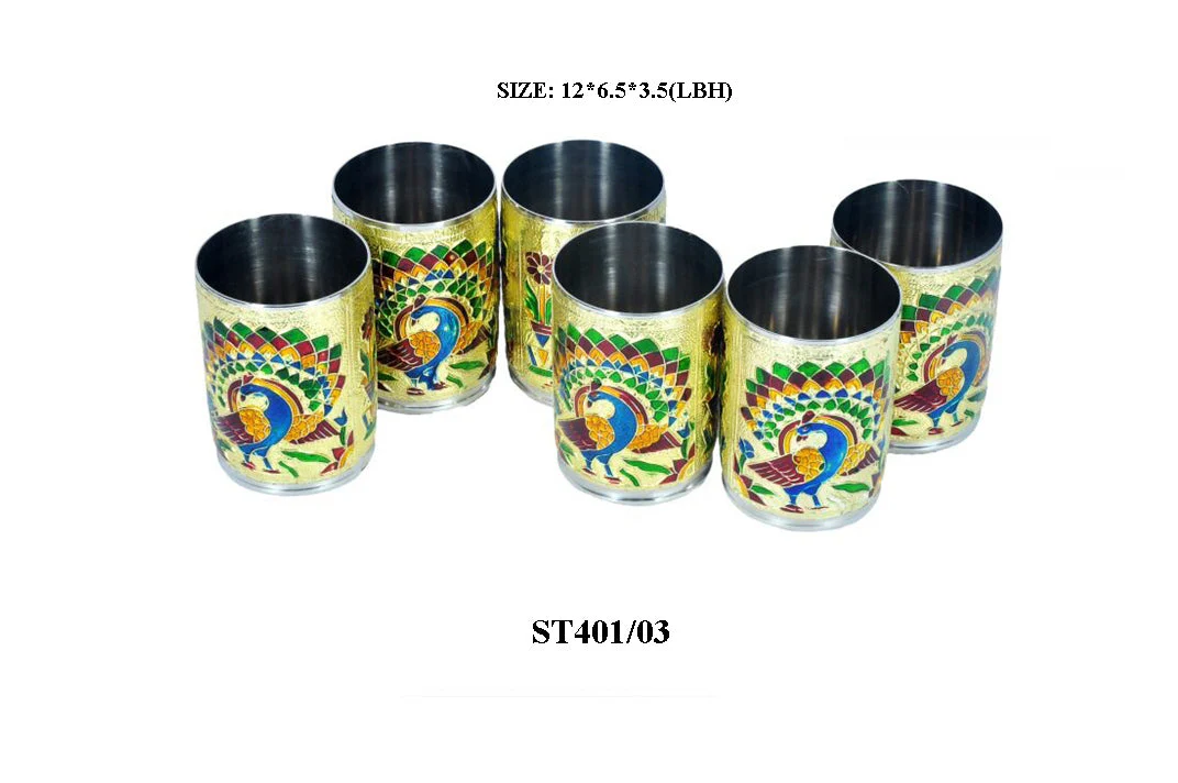 Peacock Design Glass with Handle and Handicraft Serving Tray Set - Image 5