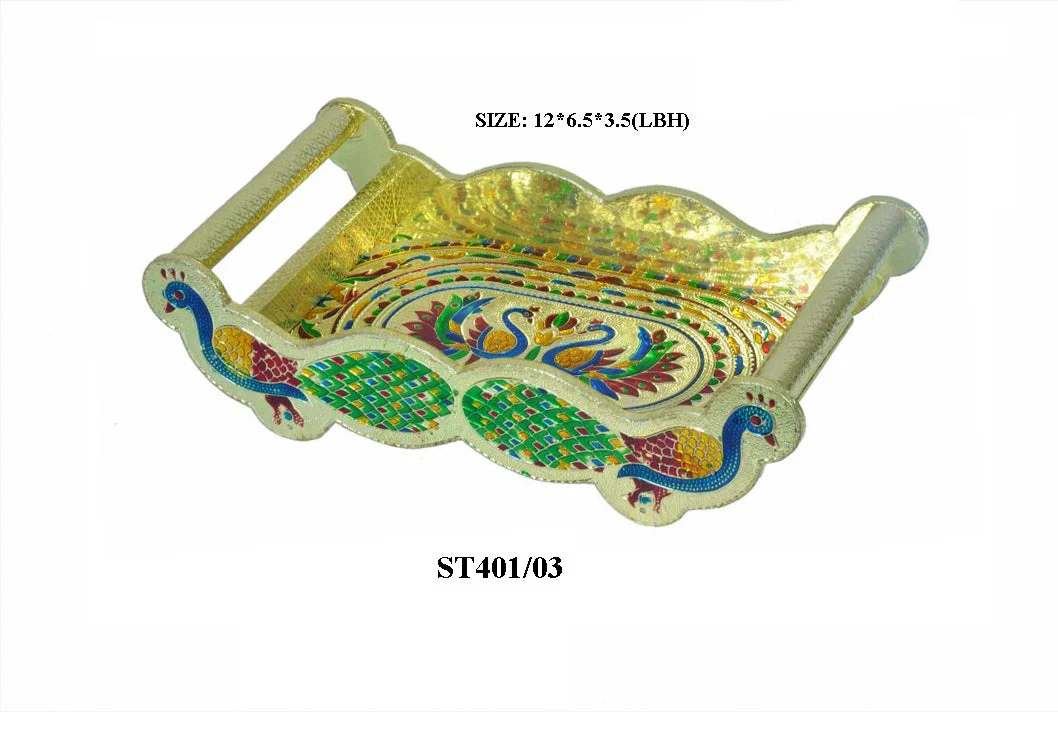 Peacock Design Glass with Handle and Handicraft Serving Tray Set - Image 7