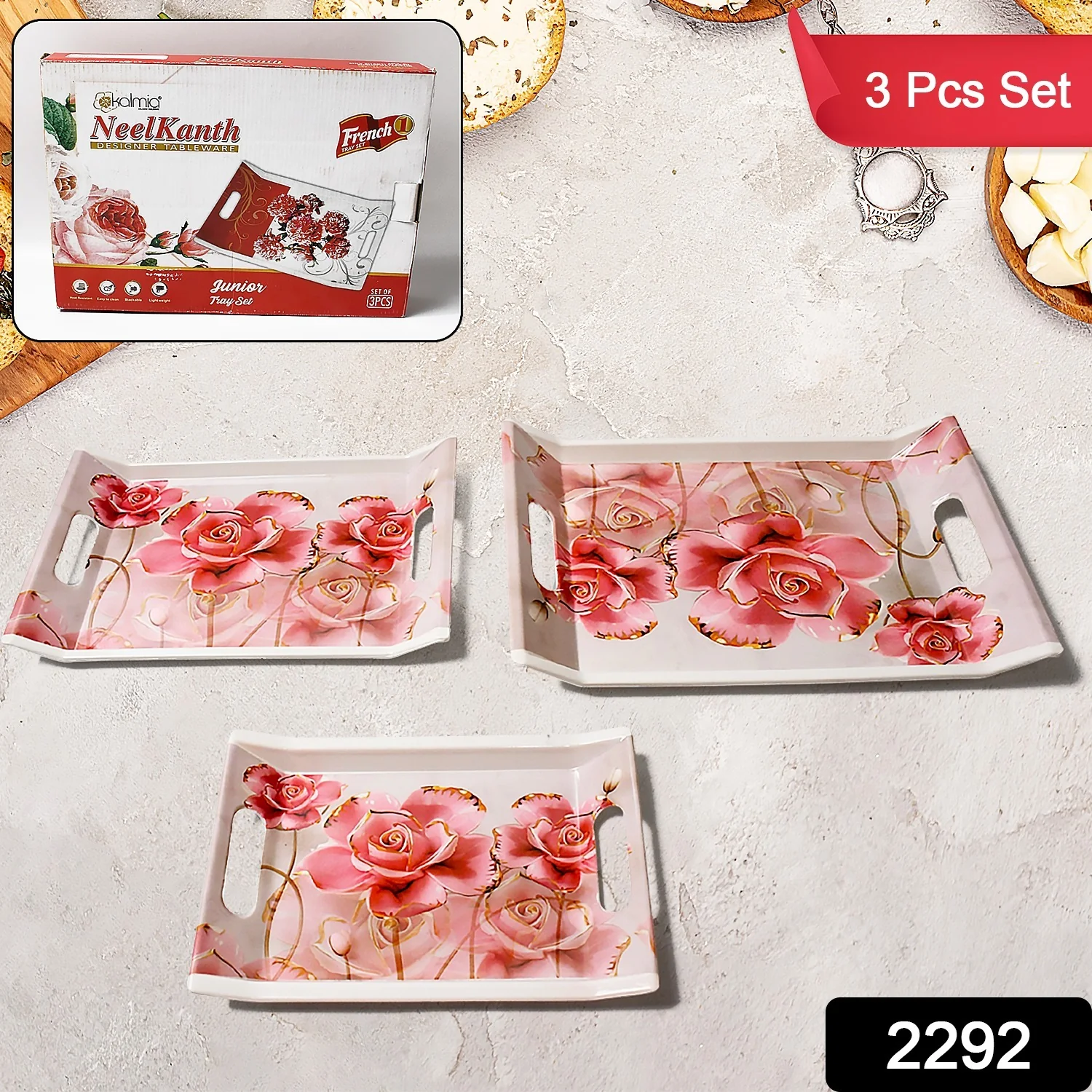 Plastic Rectangular Serving Tray Set – Printed Design Trays for Home & Kitchen - Image 2