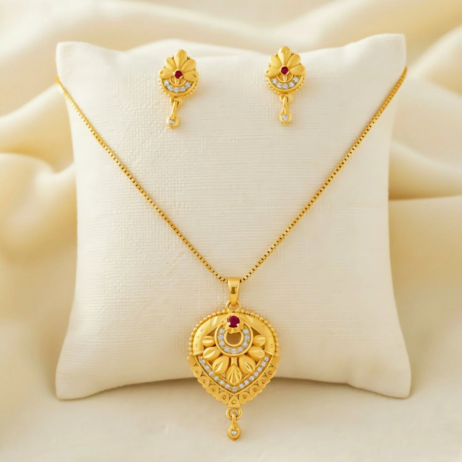 Gold Plated Floral Heart Pendant Necklace and Earring Set with Ruby & White Stone Accents - Image 2