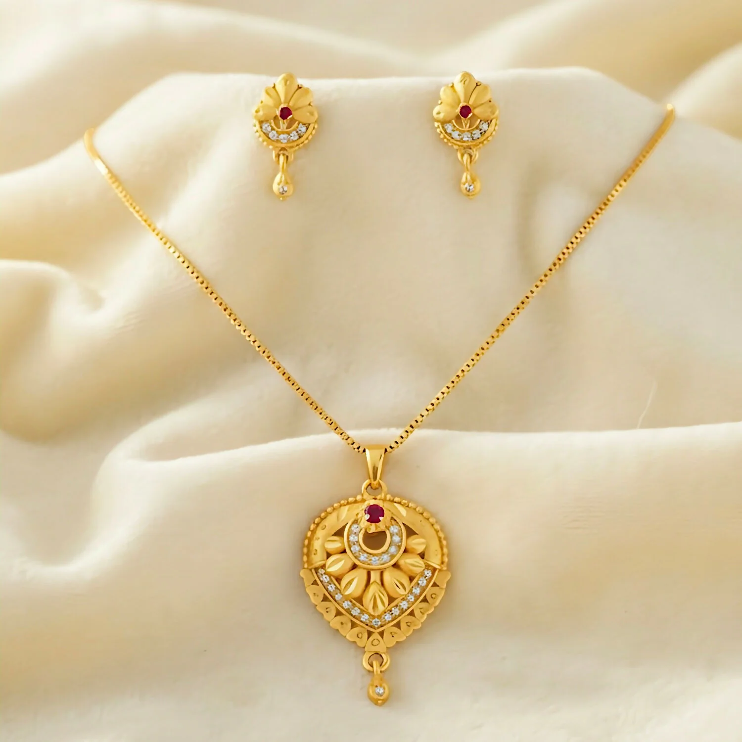 Gold Plated Floral Heart Pendant Necklace and Earring Set with Ruby & White Stone Accents - Image 3