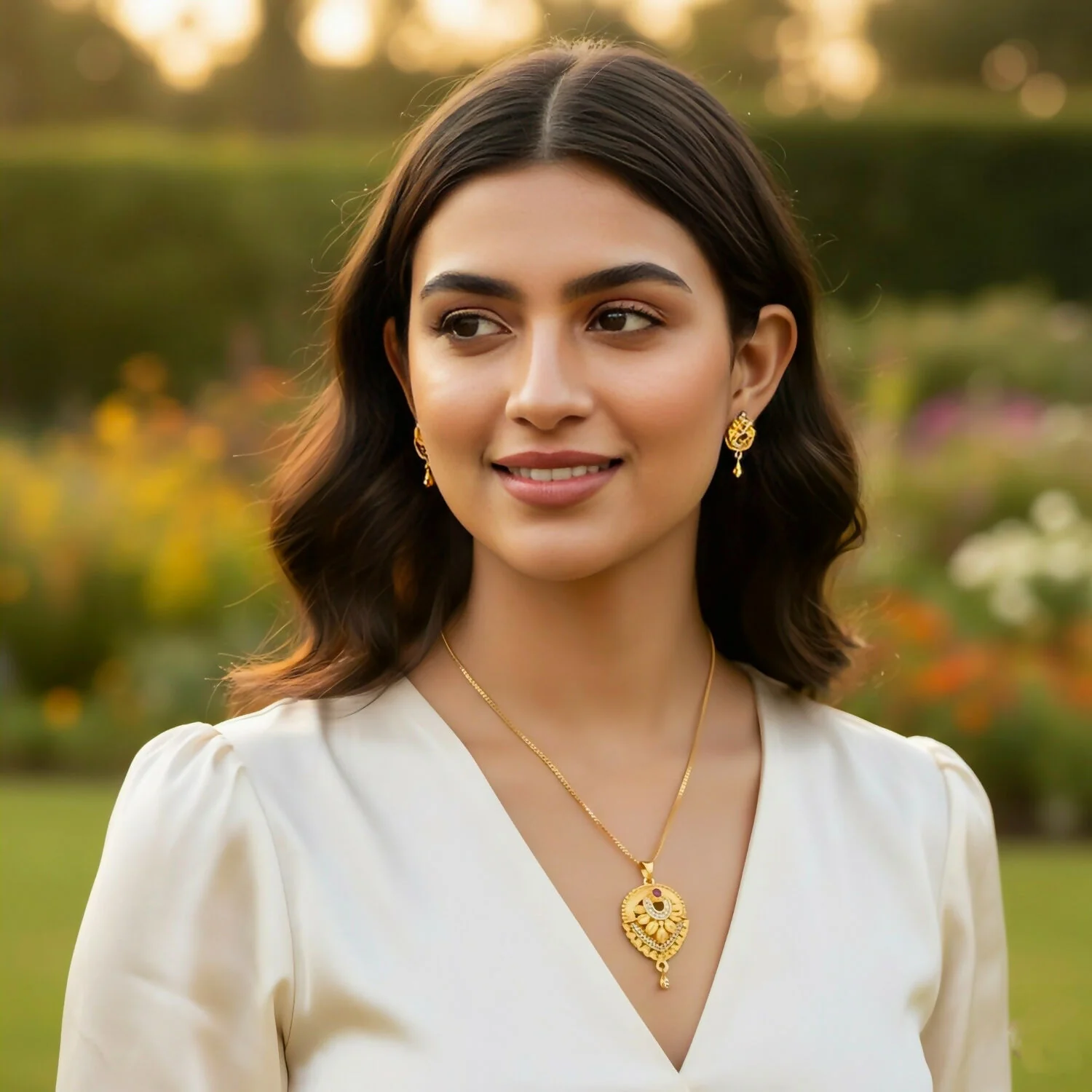 Gold Plated Floral Heart Pendant Necklace and Earring Set with Ruby & White Stone Accents - Image 4