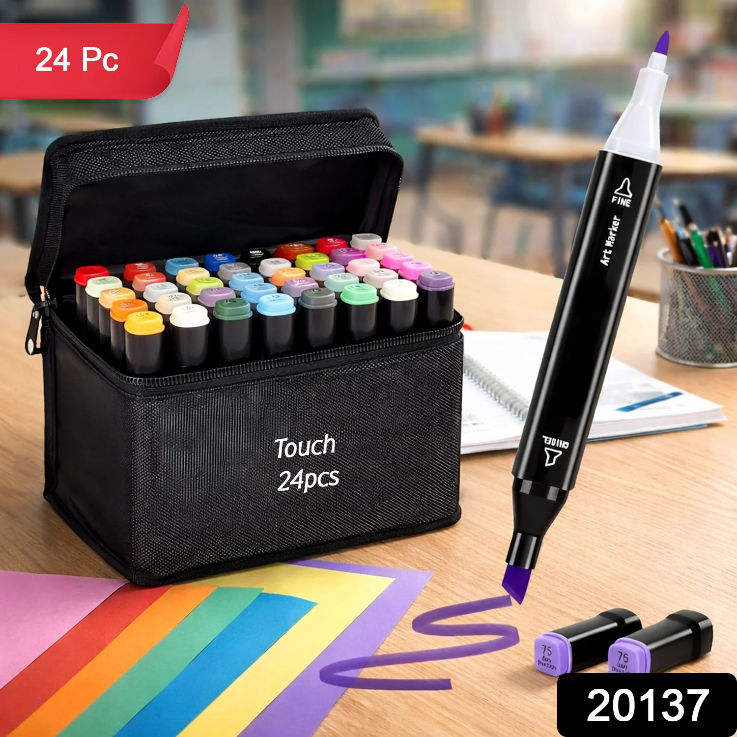 24 Pc Dual Tip Sketch Marker Pen Set With Storage Pouch - Image 2