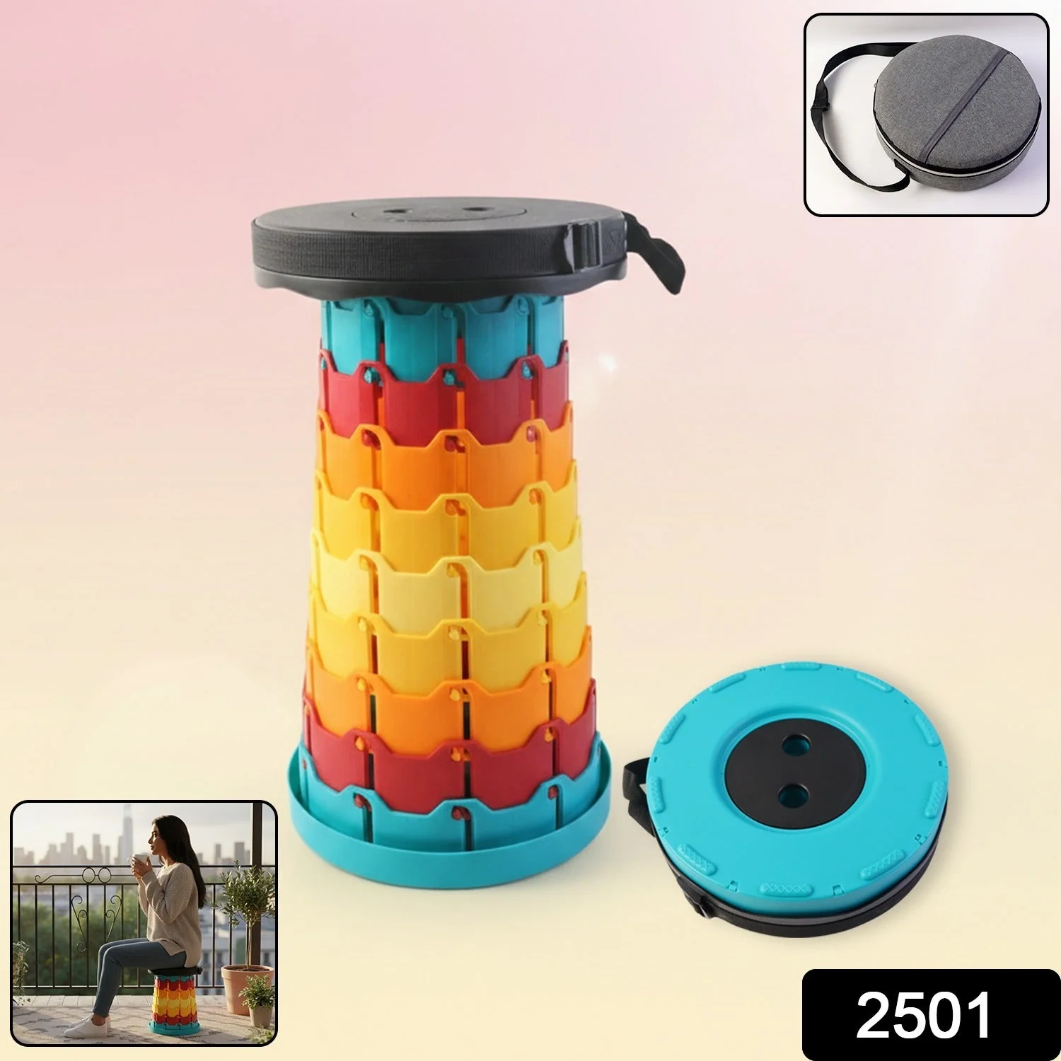 Collapsible Stool with Handle for Portable Seating (44x25.5 cm) - Image 2