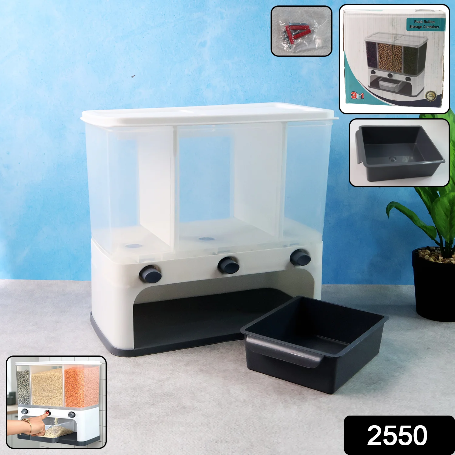 Easy Flow Cereal Dispenser for Kitchen 3 in 1 Push Button Wall Mount Container - Image 2