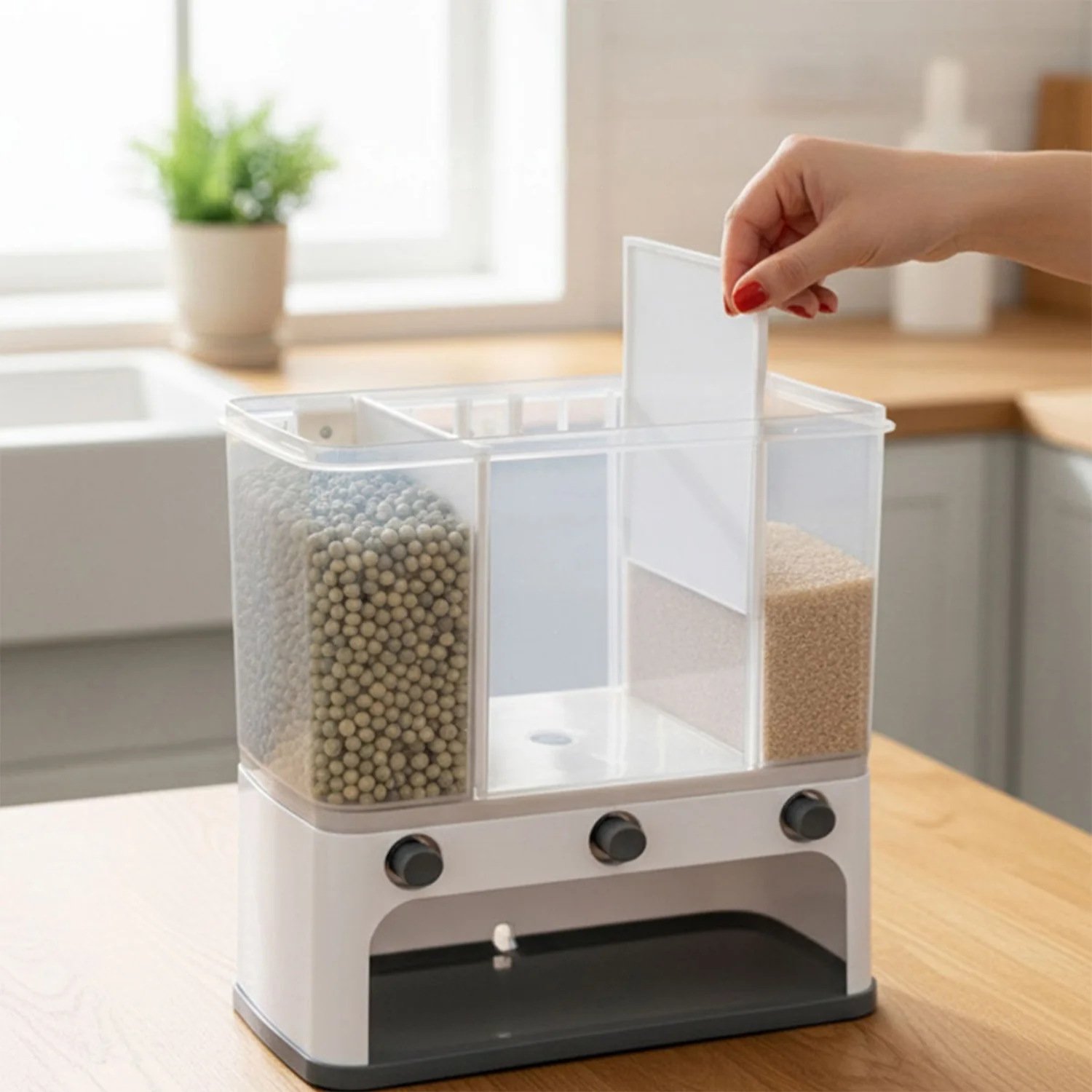 Easy Flow Cereal Dispenser for Kitchen 3 in 1 Push Button Wall Mount Container - Image 4