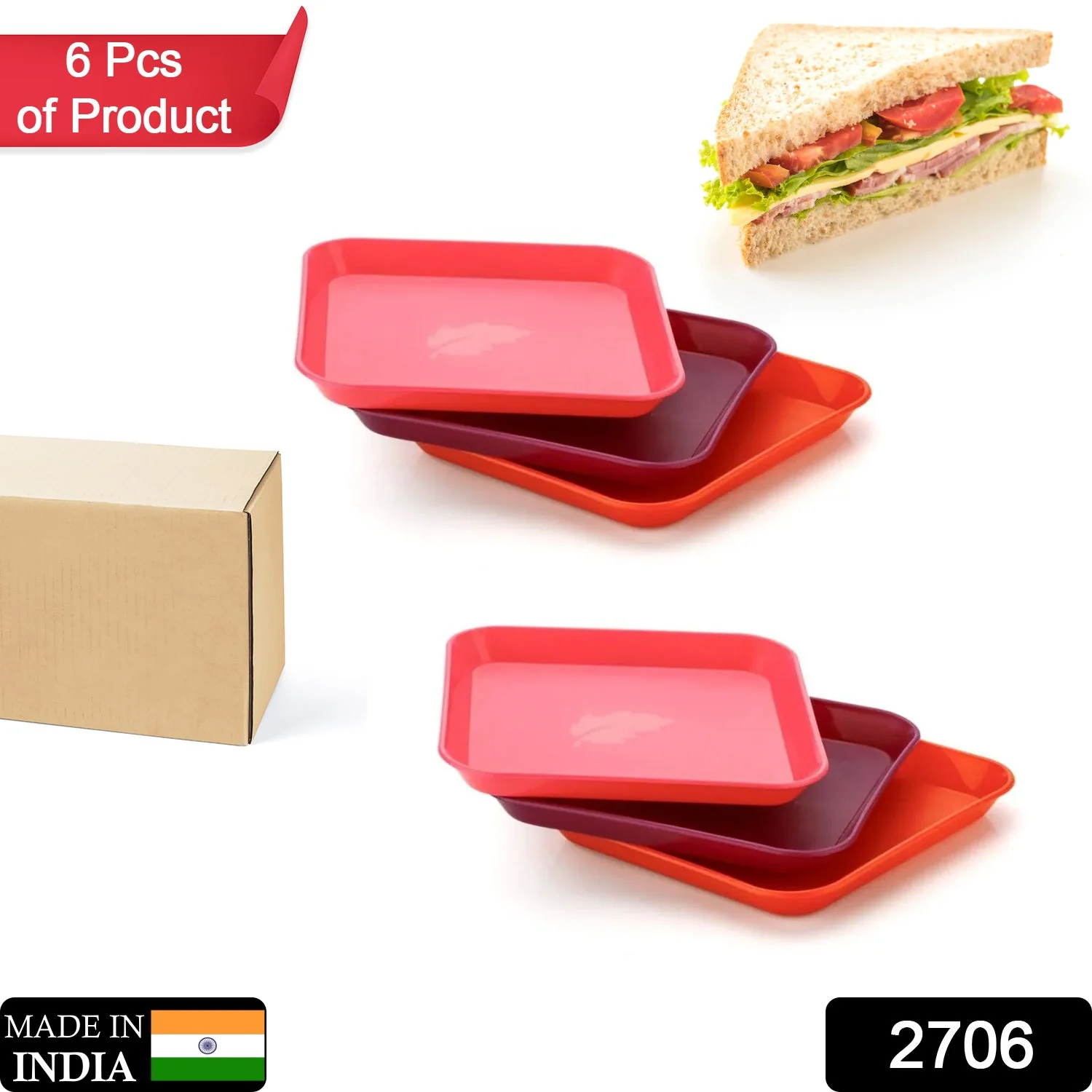 Square Plastic Dinner Plate Set (Set of 6 Pcs) Colorful Snacks / Breakfast Plate (Set of 6 Pcs) - Image 2