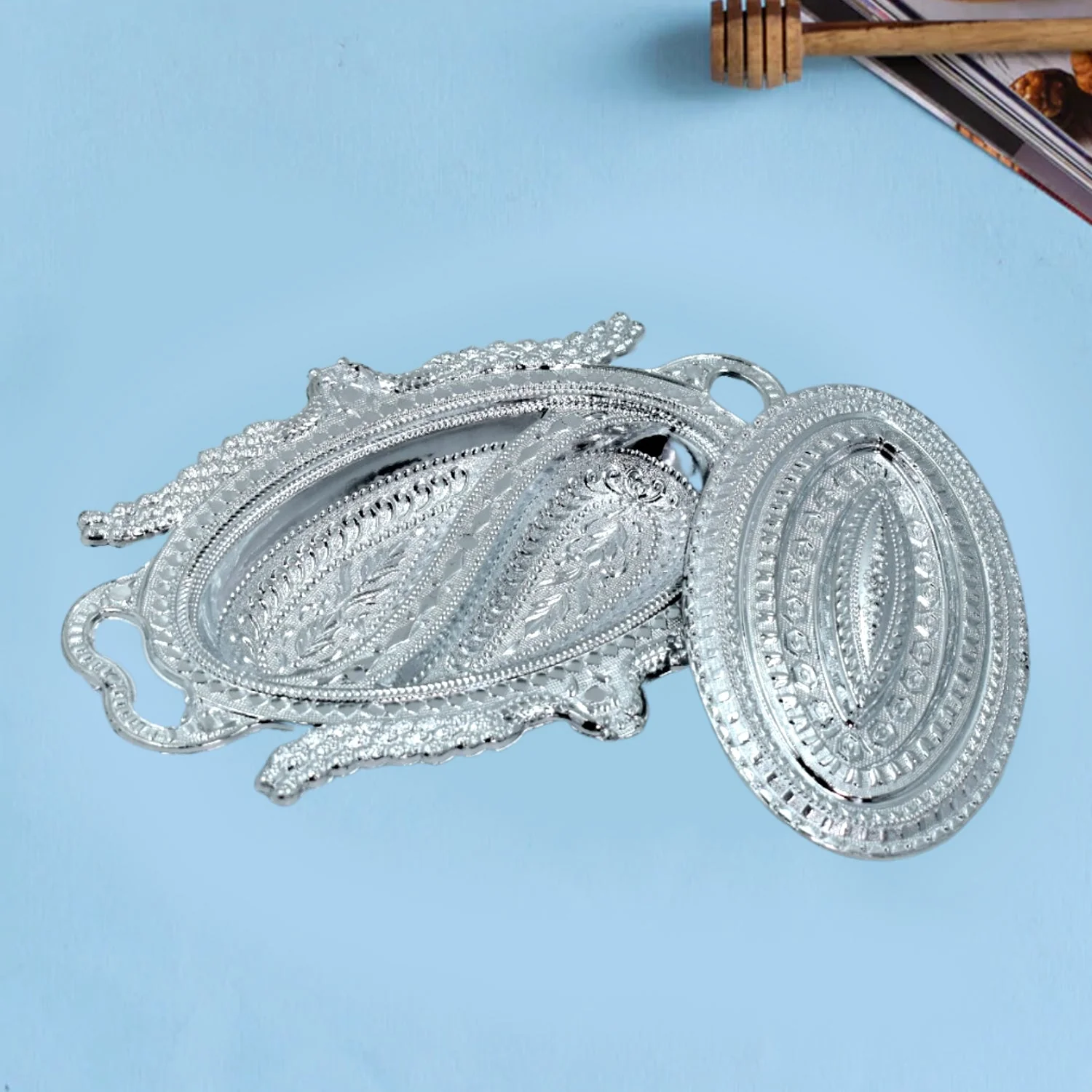 Plastic Peacock Dry Fruit Silver Finish Serving Tray - Image 4