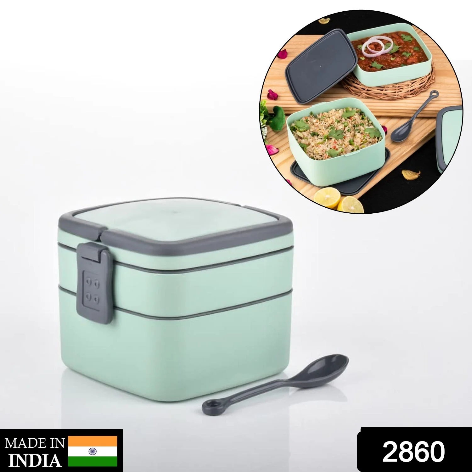 GREEN DOUBLE-LAYER PORTABLE LUNCH BOX - Image 2