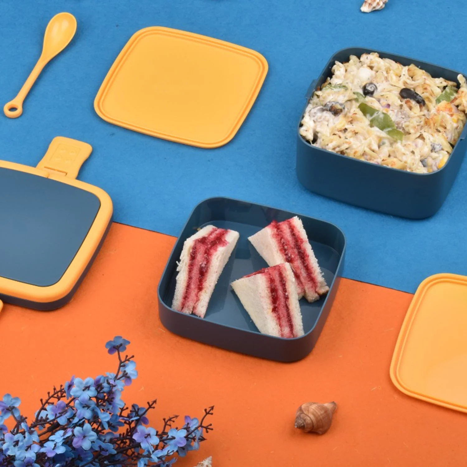 Blue Double-Layer Portable Bento Lunch Box – Stackable with Handle & Spoon - Image 7
