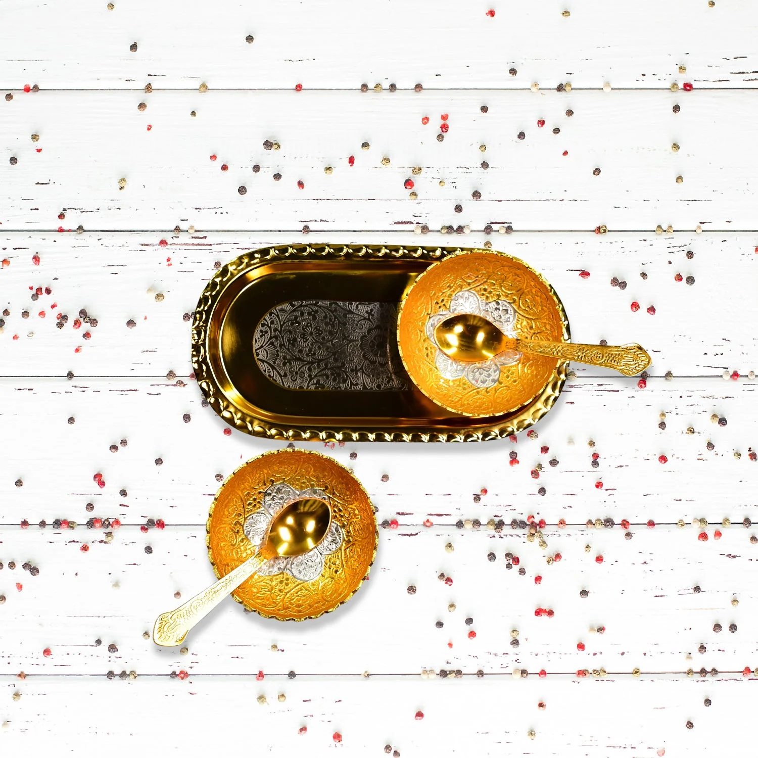 Gold Silver Plated 2 Bowl 2 Spoon Tray Set - Image 3