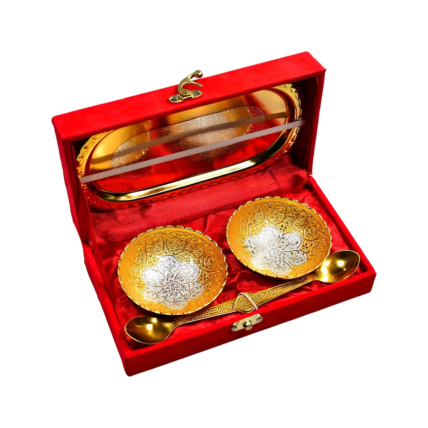 Gold Silver Plated 2 Bowl 2 Spoon Tray Set - Image 4