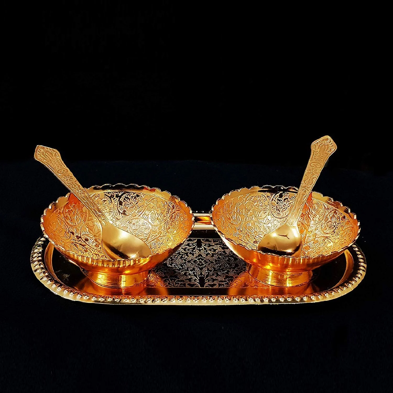 Gold Silver Plated 2 Bowl 2 Spoon Tray Set - Image 5
