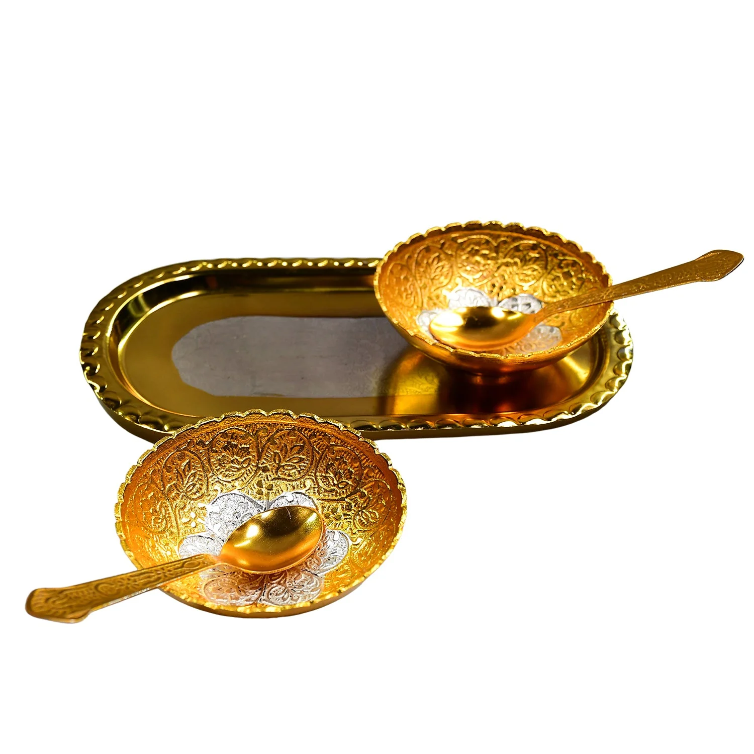 Gold Silver Plated 2 Bowl 2 Spoon Tray Set - Image 7