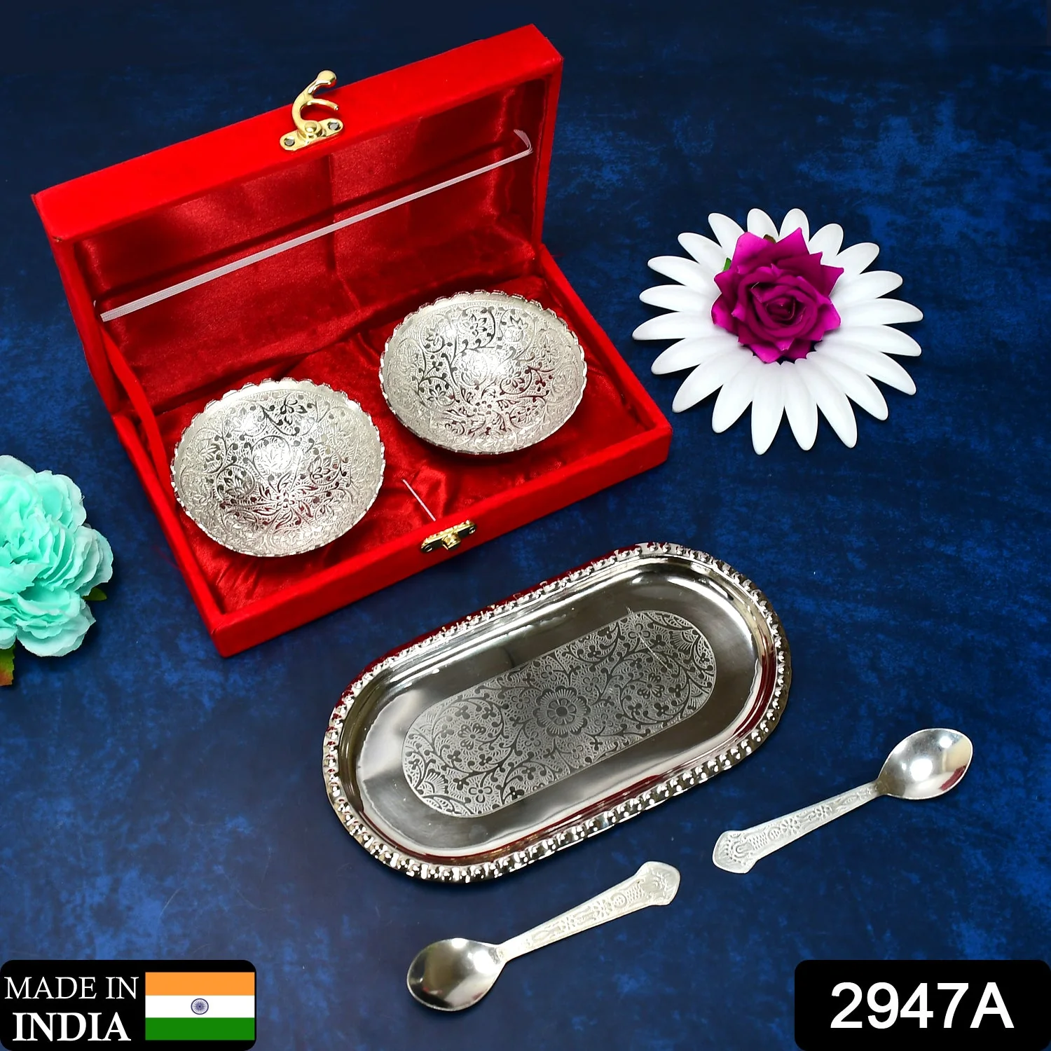 Silver-Plated Brass Bowl & Spoon Set with Velvet Gift Box - Image 3