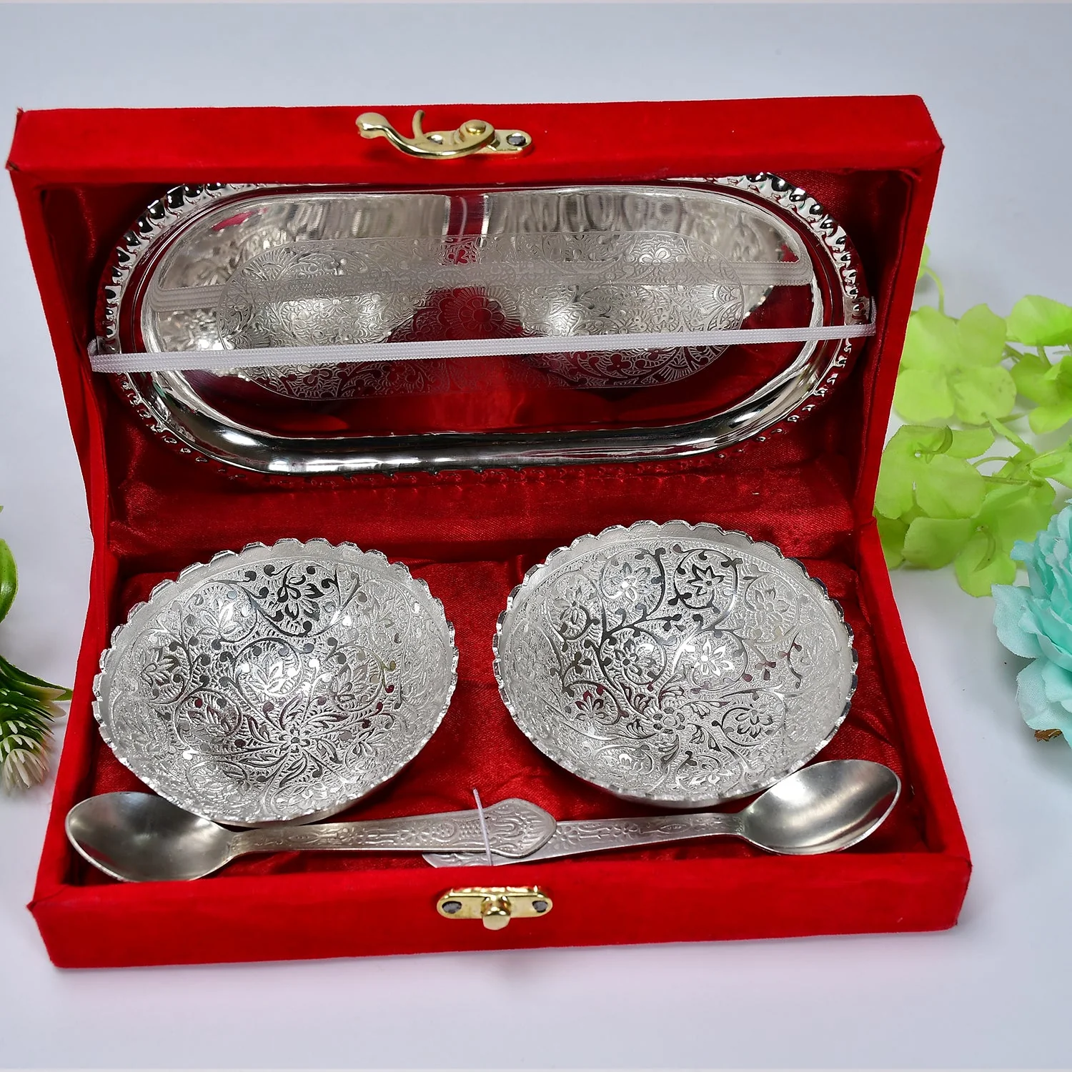 Silver-Plated Brass Bowl & Spoon Set with Velvet Gift Box - Image 4