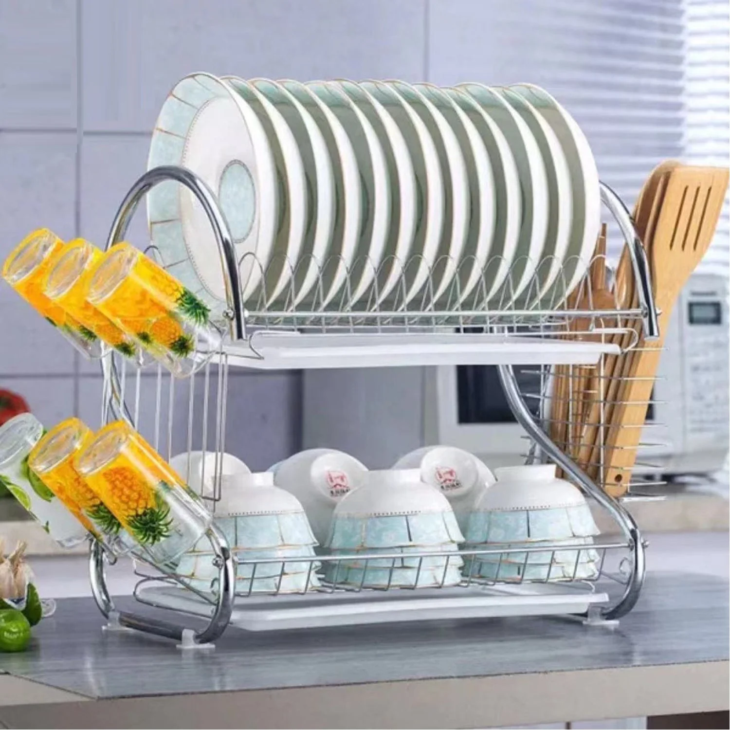 Stainless Steel 2 Layer Kitchen Dish Rack / Plate Cutlery Stand - Image 7
