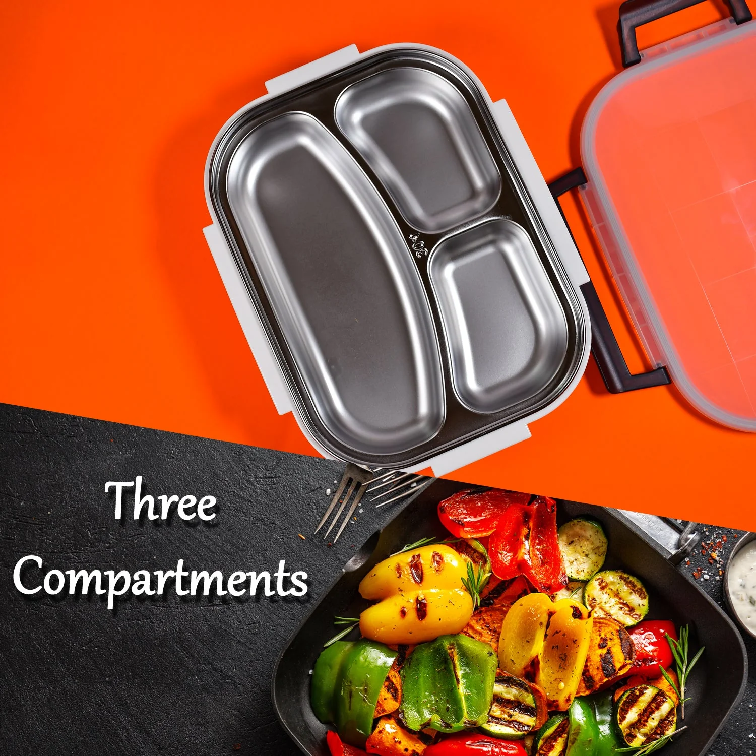 White Transparent Lunch Box – Stainless Steel with 3 Compartments for Kids & Adults - Image 7