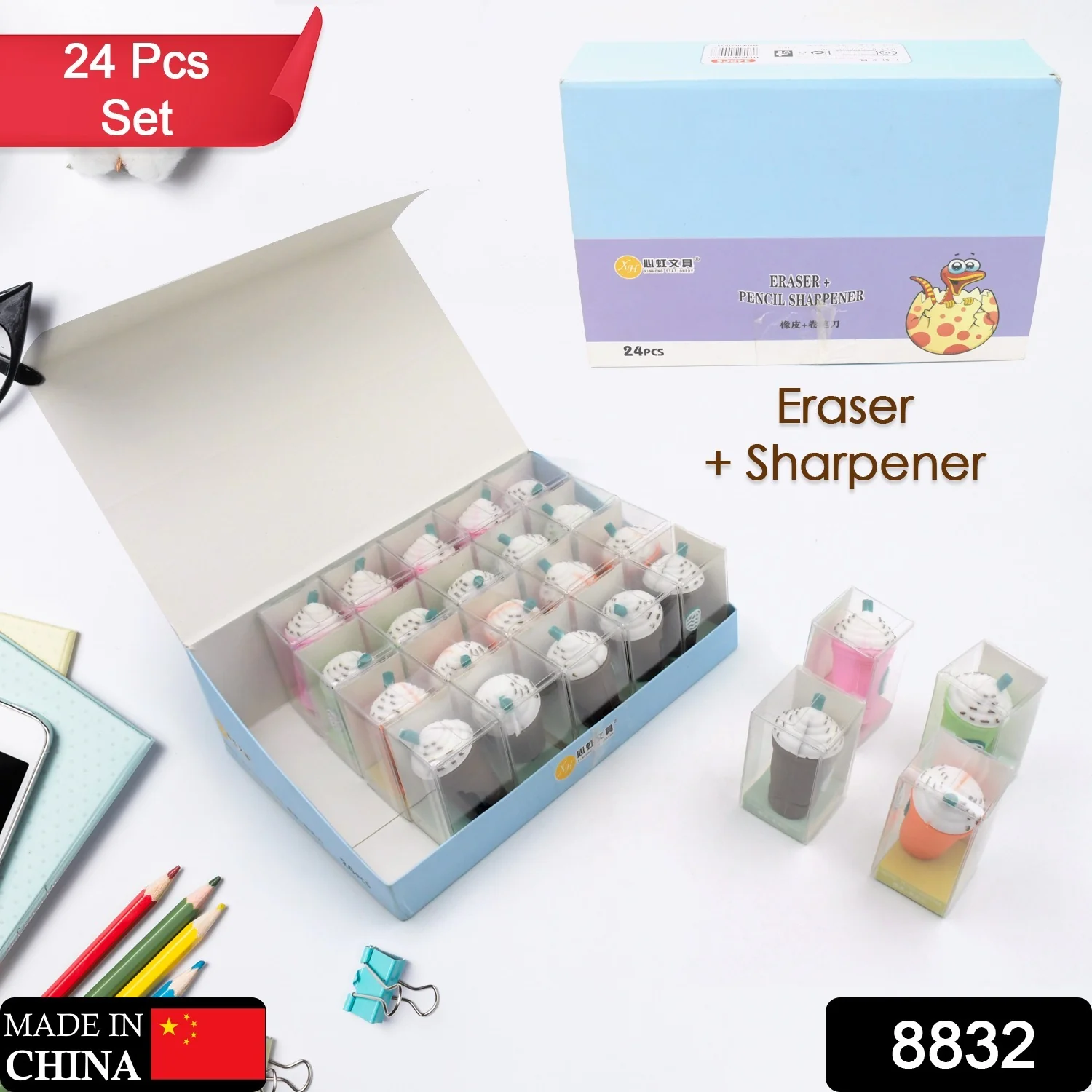 2In1 3D Cute Coffee Or Ice cream Shape sharpner Like Rotary Manual Pencil Sharpener for Kids  Ice Cream Style Office School Supplies, Back to School Gift for Students,Kids Educational Stationary kit, B'Day Return Gift (24 Pcs Set) - Image 2