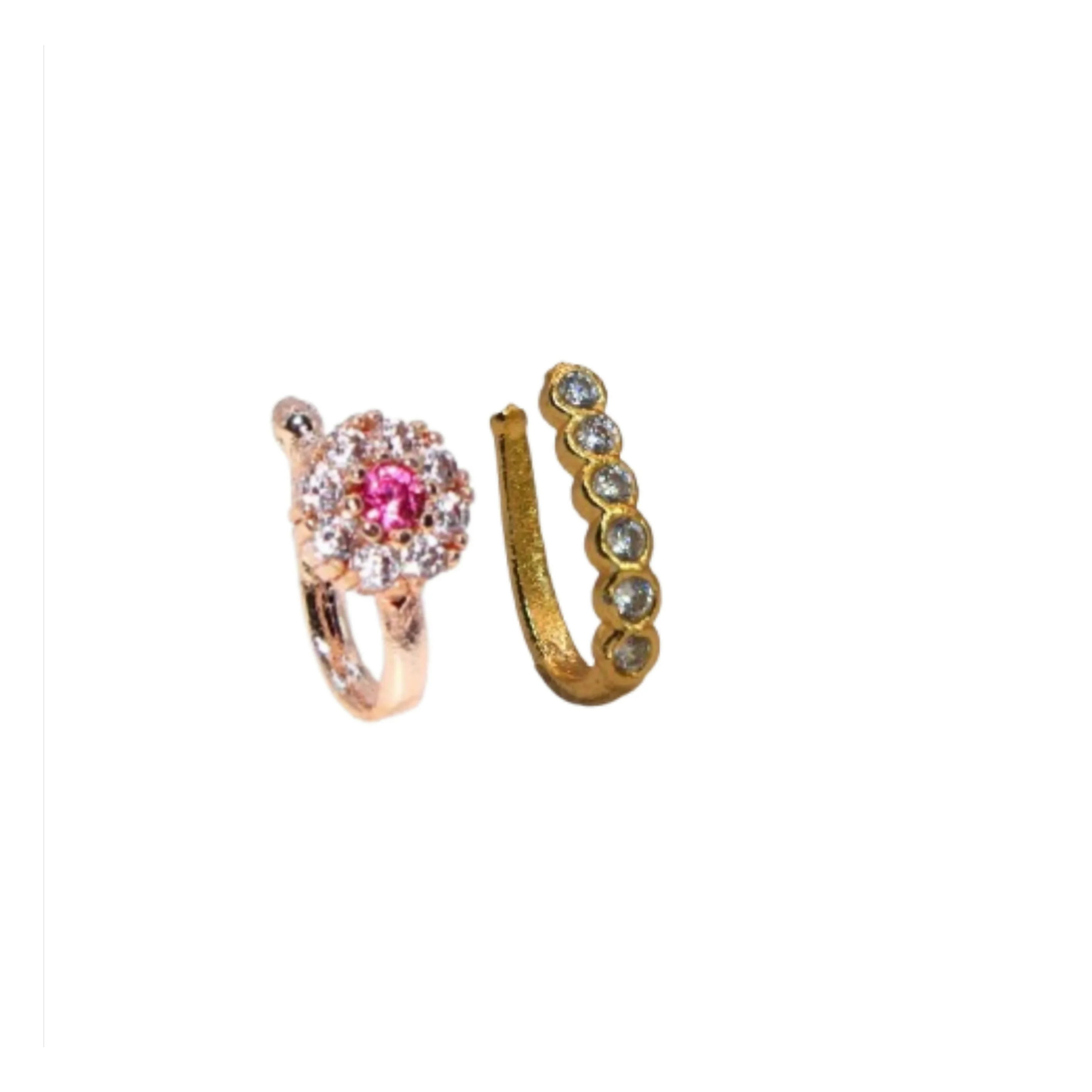 2Pc Gold Rose Gold AD Non-Piercing Nose Ring & Side Cuff Set - Image 2