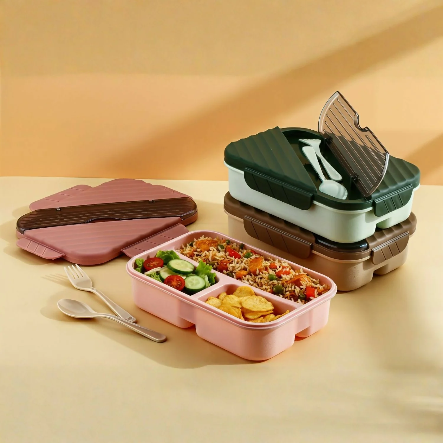 3 Compartment Lunch Box With Spoon and Fork Space - Image 3
