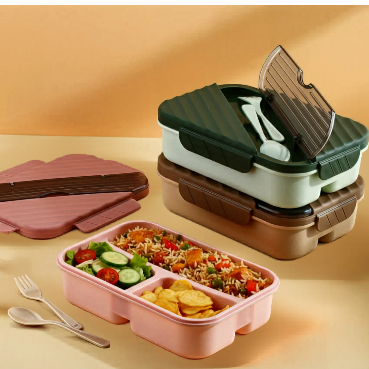 Lunch Box with Spoon & Fork Leak Proof Bento Lunch Box for Kids & Adults (3 Compartment) - Image 2